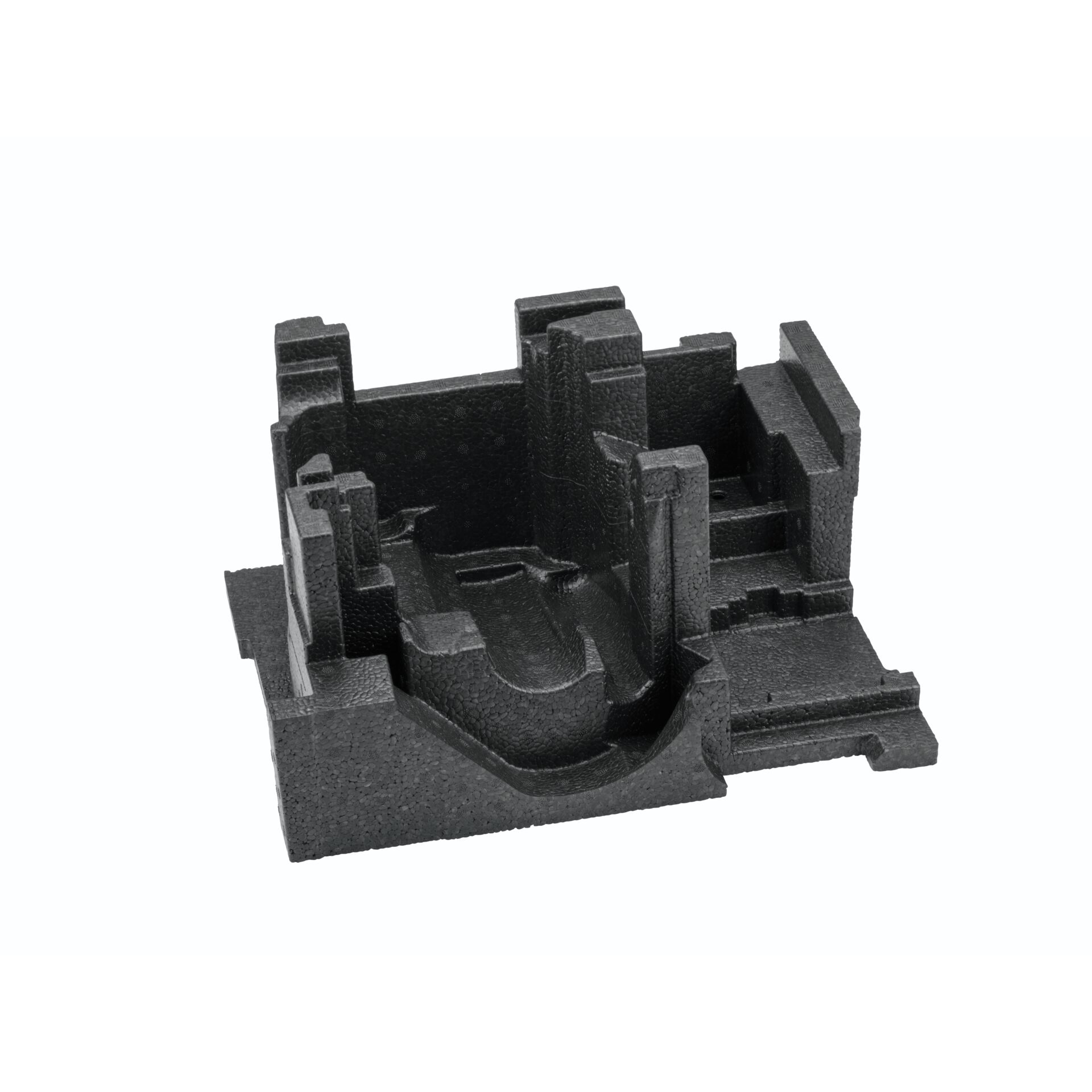 Styrofoam-Teil, schwarzer Schaumstoff, internes Hohlraum, technischer Schaumstoff, unbekanntes Bauteil