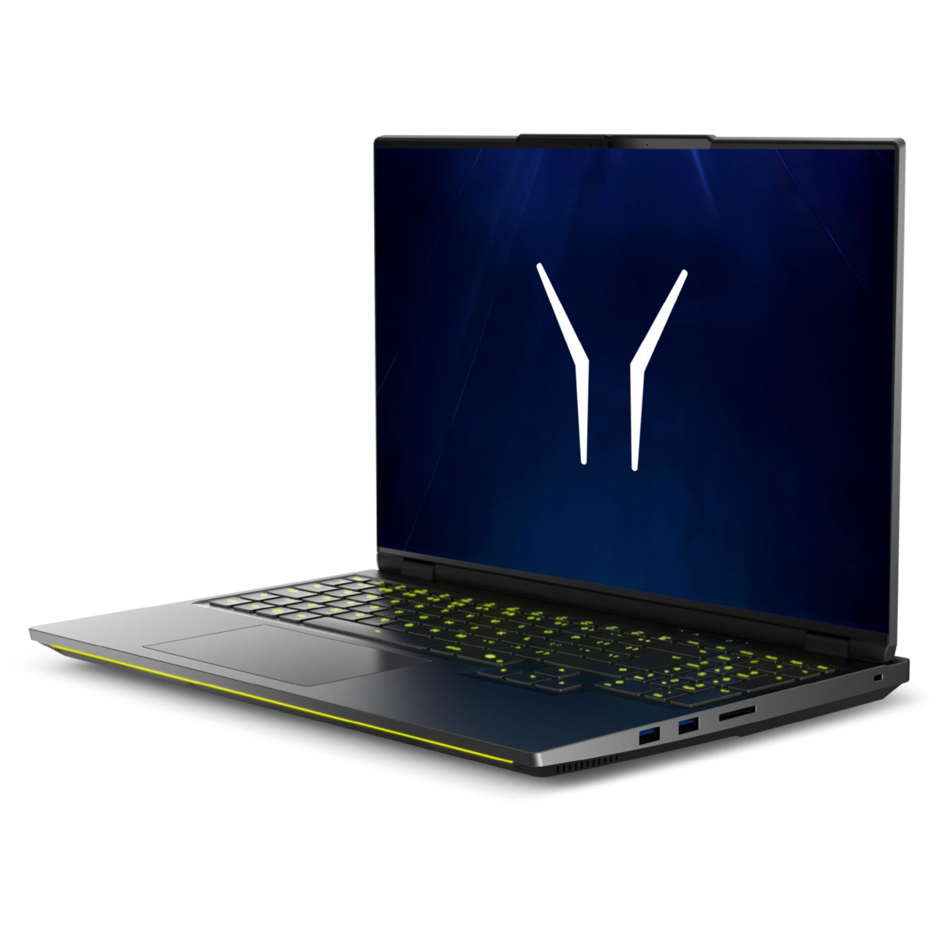 Gaming-Laptop, schwarzes Gehäuse, beleuchtete Tastatur, großes Touchpad, dünner Displayrahmen