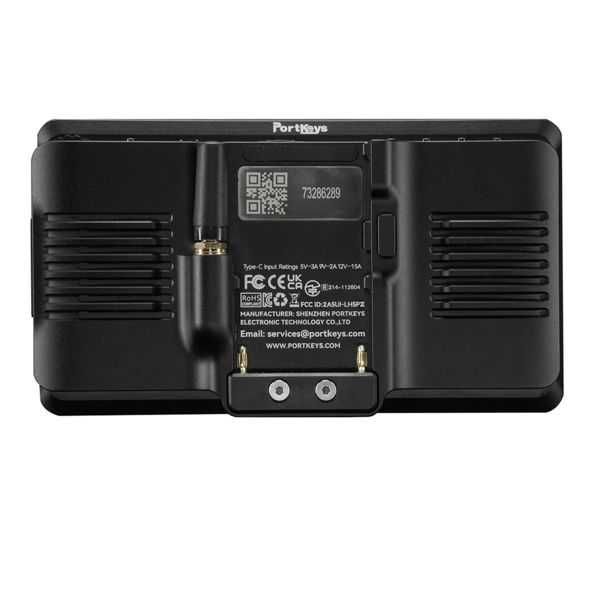Kamera-Monitor, schwarzes Gehäuse, Lüftungsschlitze, Montagehalterung, USB-C-Anschluss