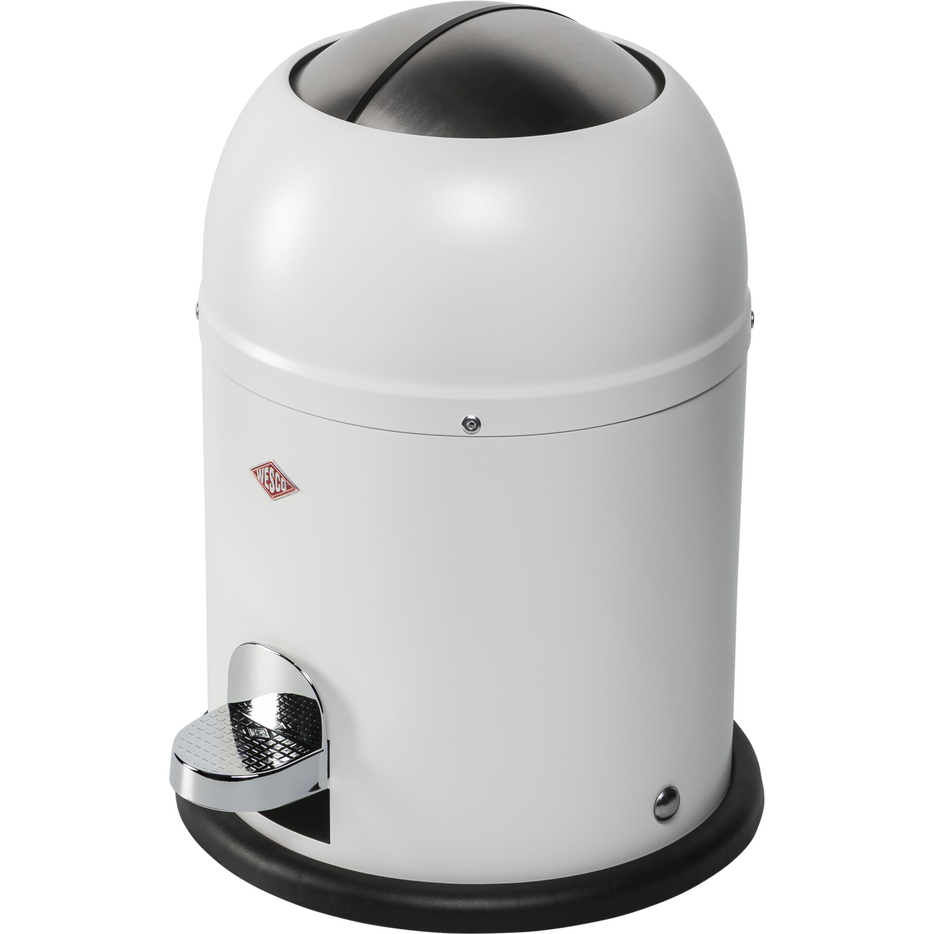 Aschenbehälter, betätigter Aschenbecher, metallisch weiß, Kuppeldeckel, Fußpedal