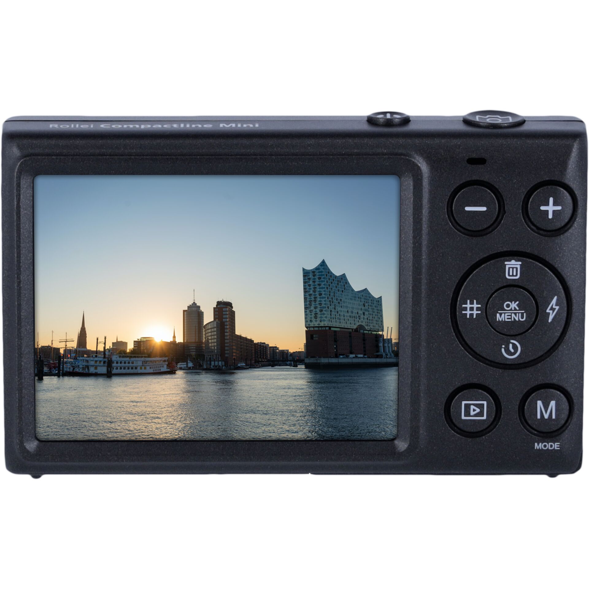 kompaktkamera, digitale kamera, stadt skyline, flach, lcd-display