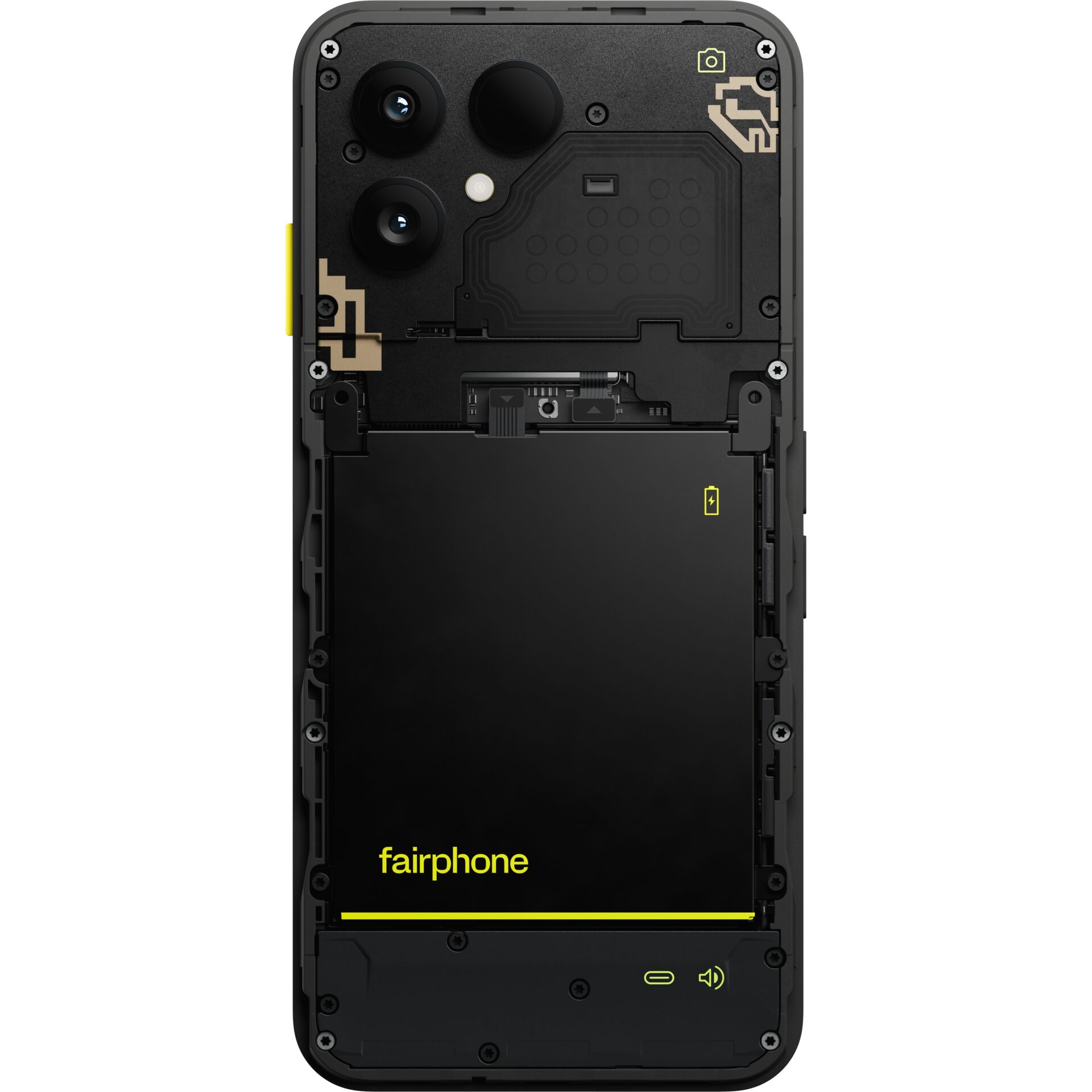 android, dualkamera, gelb-akzent, rückseite, fairphone