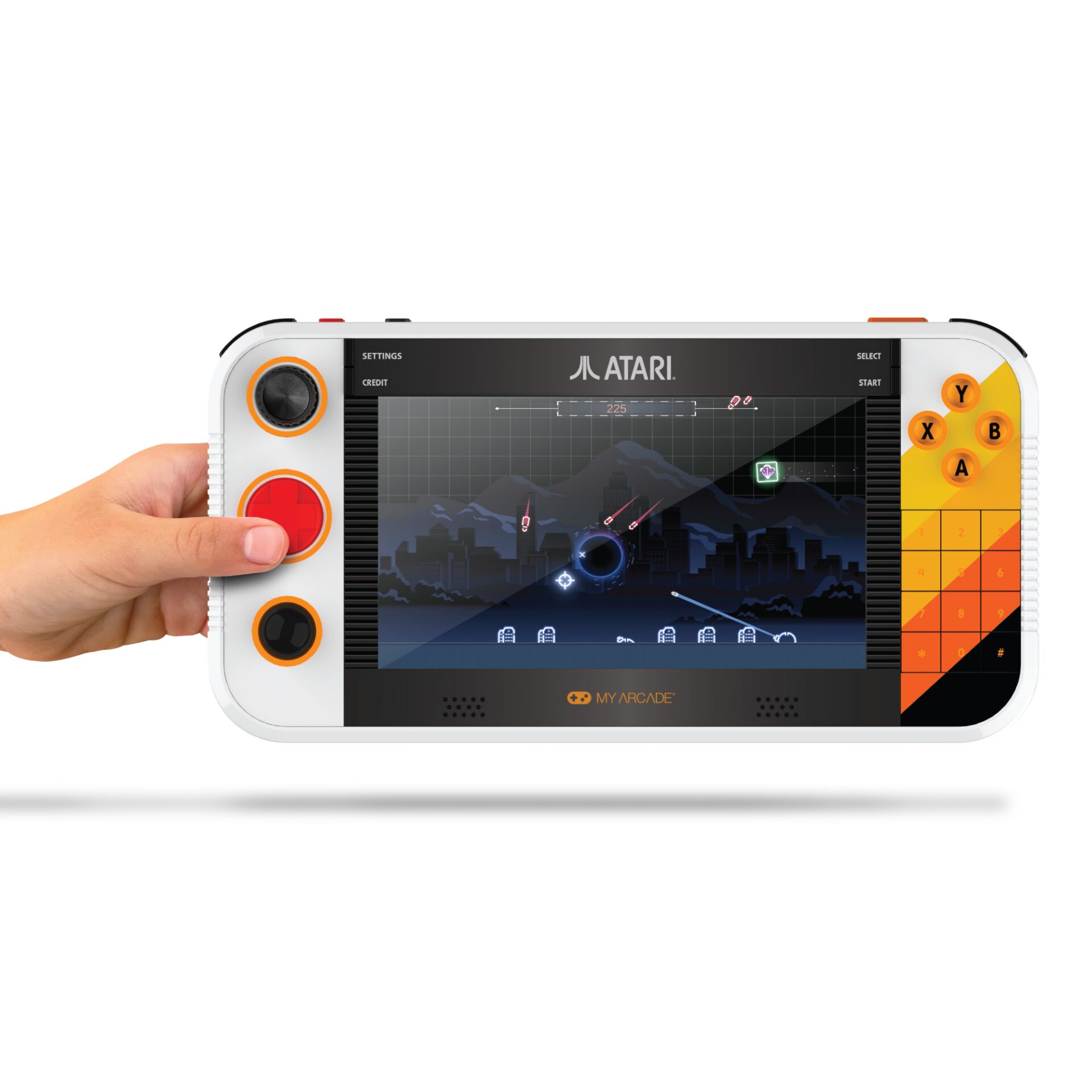 handheldes Gaming, Arkade Konsole, portables Konsole, orange Knöpfe, Touchscreen Anzeige