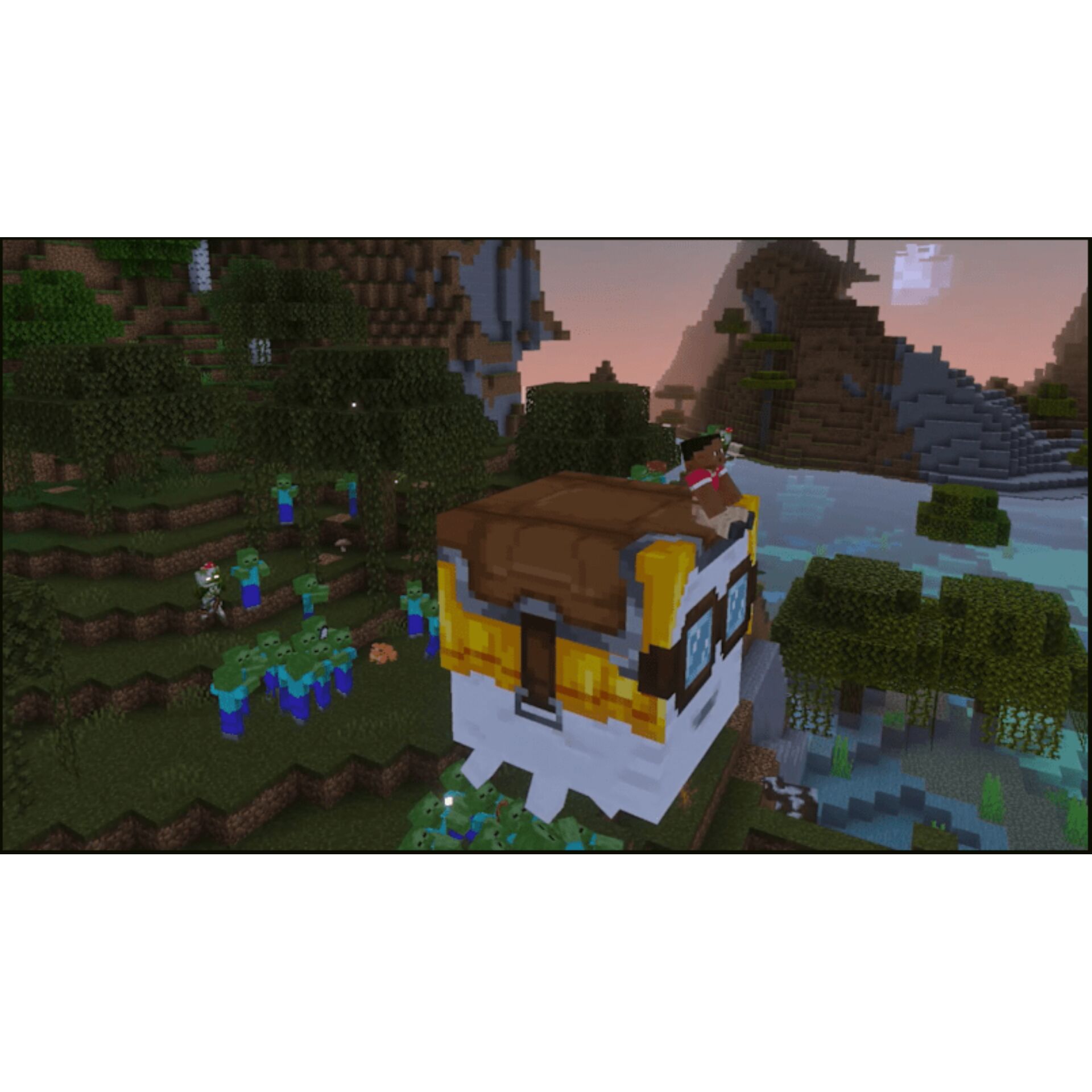 Minecraft, Quaderkiste, Schatztruhe, Zombie, Booten-Kutsche, Horizont-Gebirge