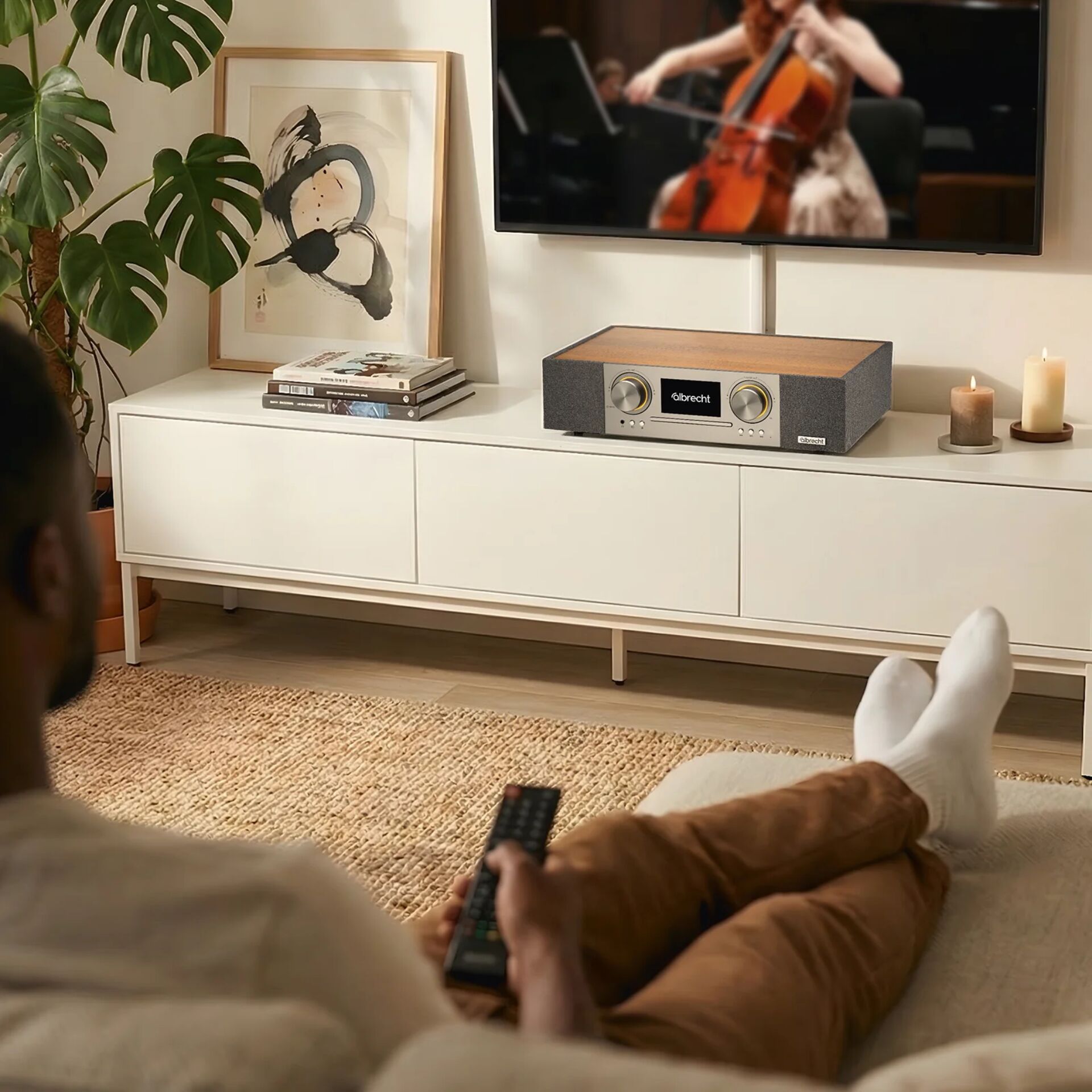 hifi-system, stereo, holzlautsprecher, fernsehen, wohnzimmer