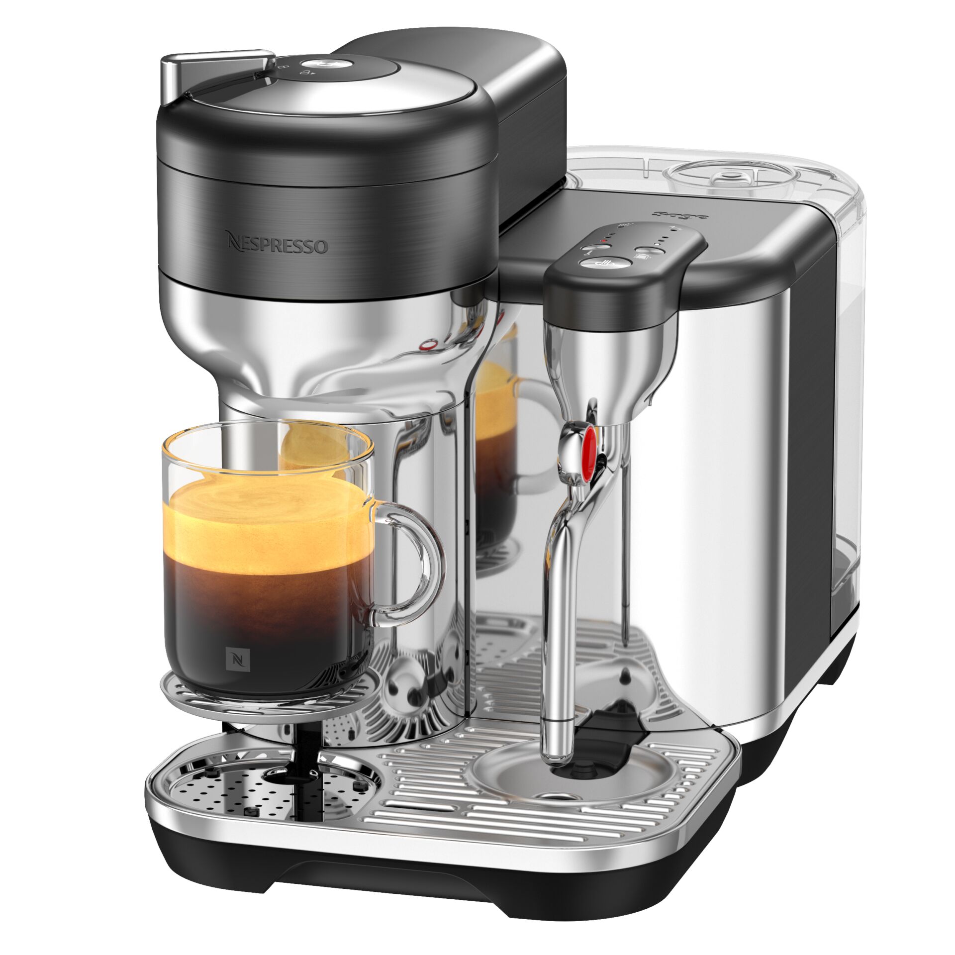 Kaffeemaschine, Espresso-Kaffee, Milchtank, Chromstahl, Brühsystem, Espresso machine, Kaffeemaschine, Kaffeezubereitung, Präziser Brühkopf, Edelstahl, Espressomaschine, Kaffeemaschine, Kaffeemaschine, Metallisch, Milchschaum