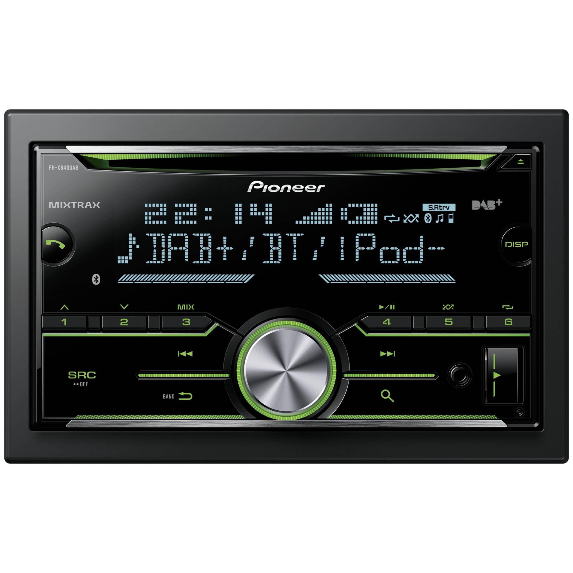 autoradio, digitales display, grüne akzente, knopfbedienung, bluetooth