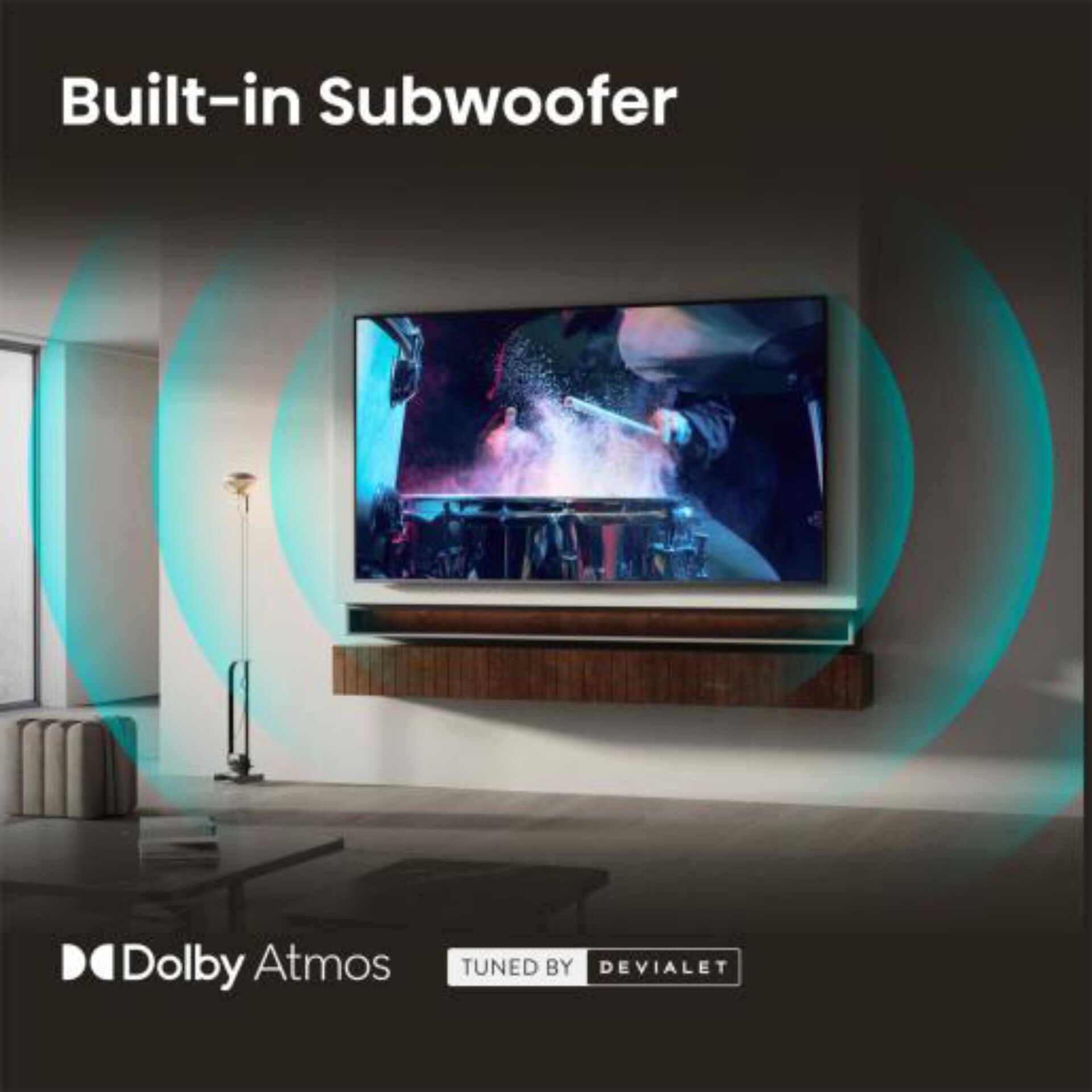 Built-in Subwoofer, Wandmontierter Fernseher, Dolby Atmos, Heimkino, Kreisförmige Audioringe