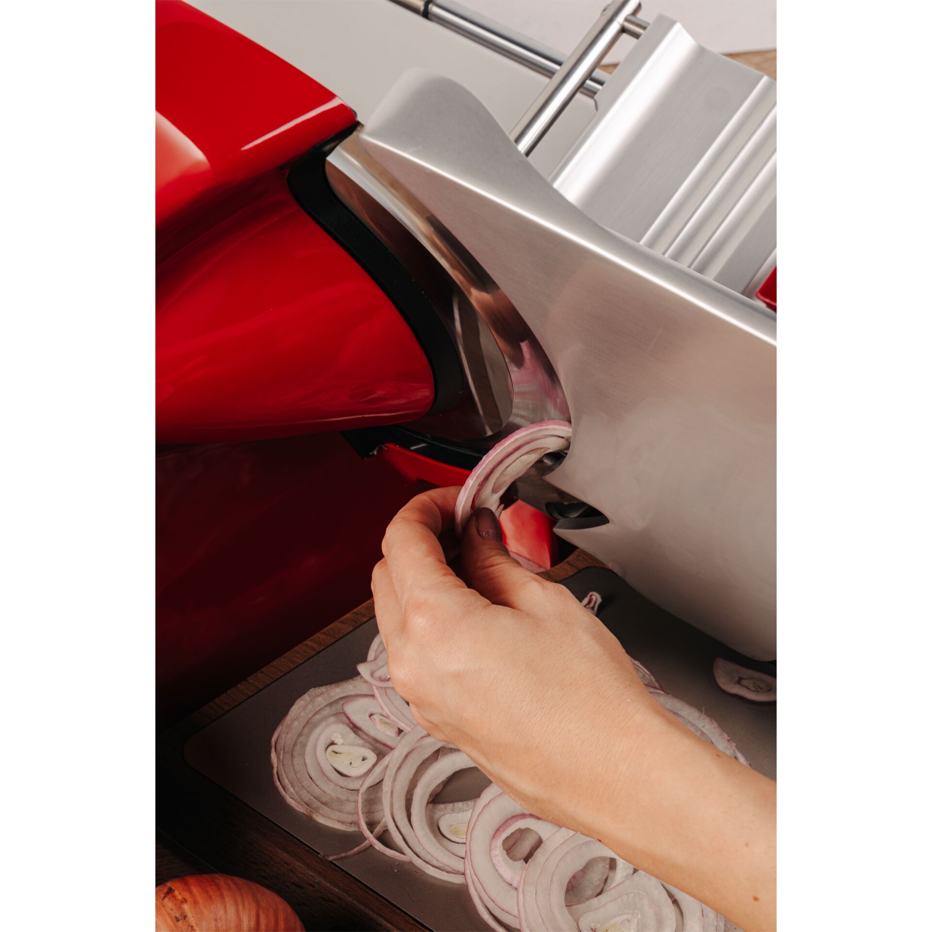 Küchenmaschine, Zwiebelringe, Silber, Rot, Kabelsalat