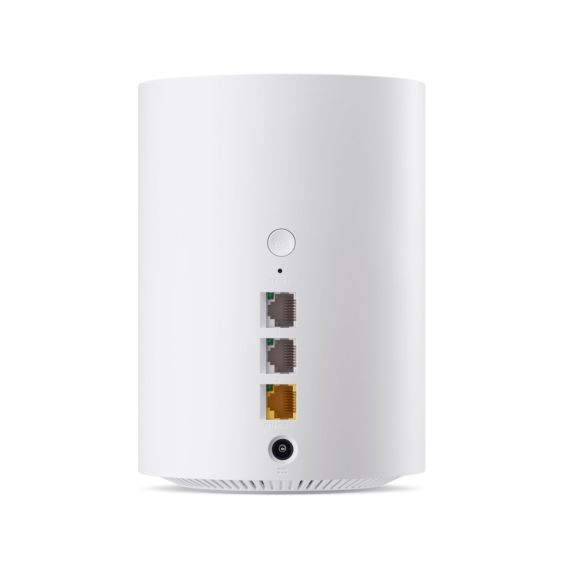 weißer zylinder, Ethernet-Anschlüsse, LAN-Anschlüsse, Netzteilanschluss, WLAN-Taste
