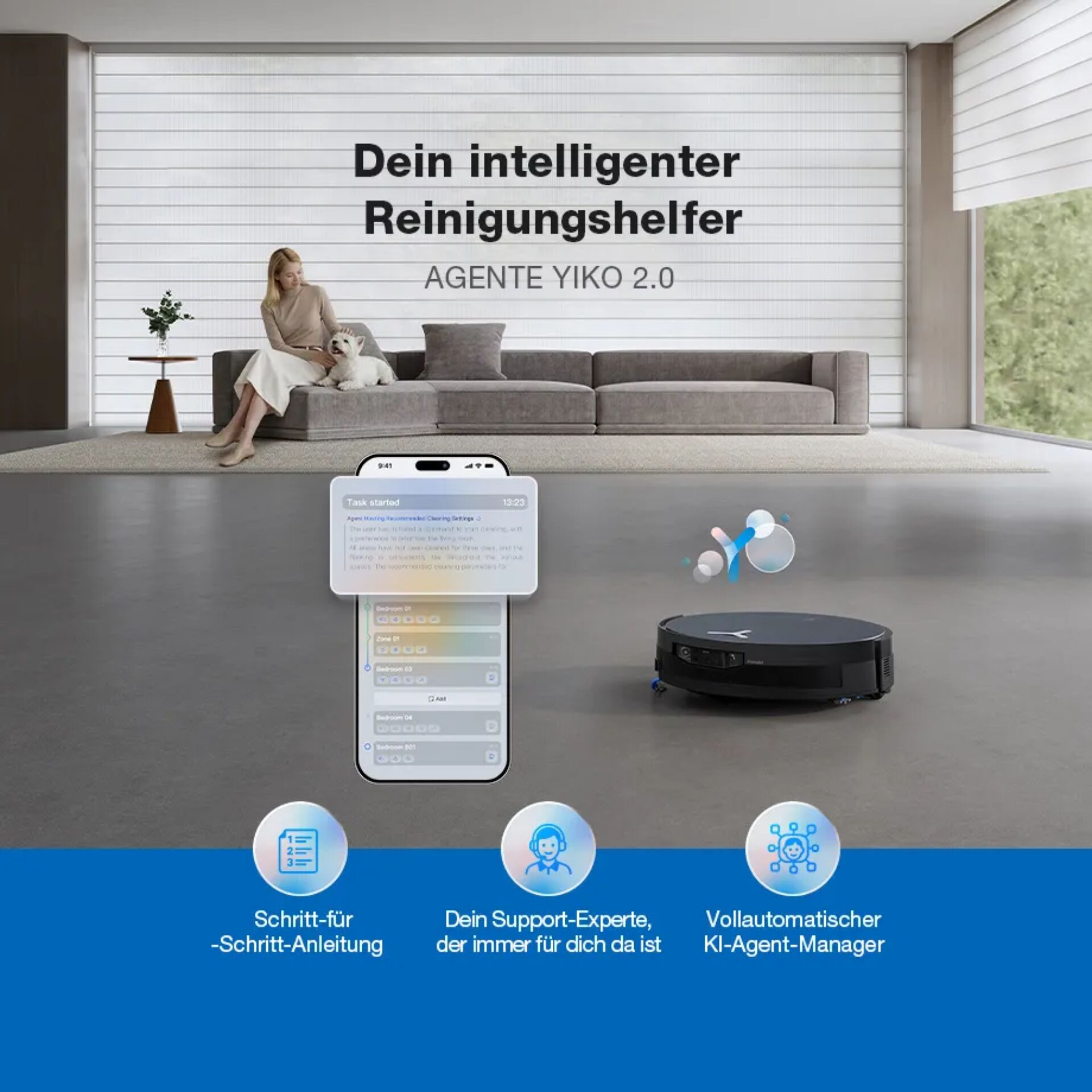 Roboter-Staubsauger, Smart-Home, Roboter-Reiniger, App-Steuerung, Wohnzimmer-Szene