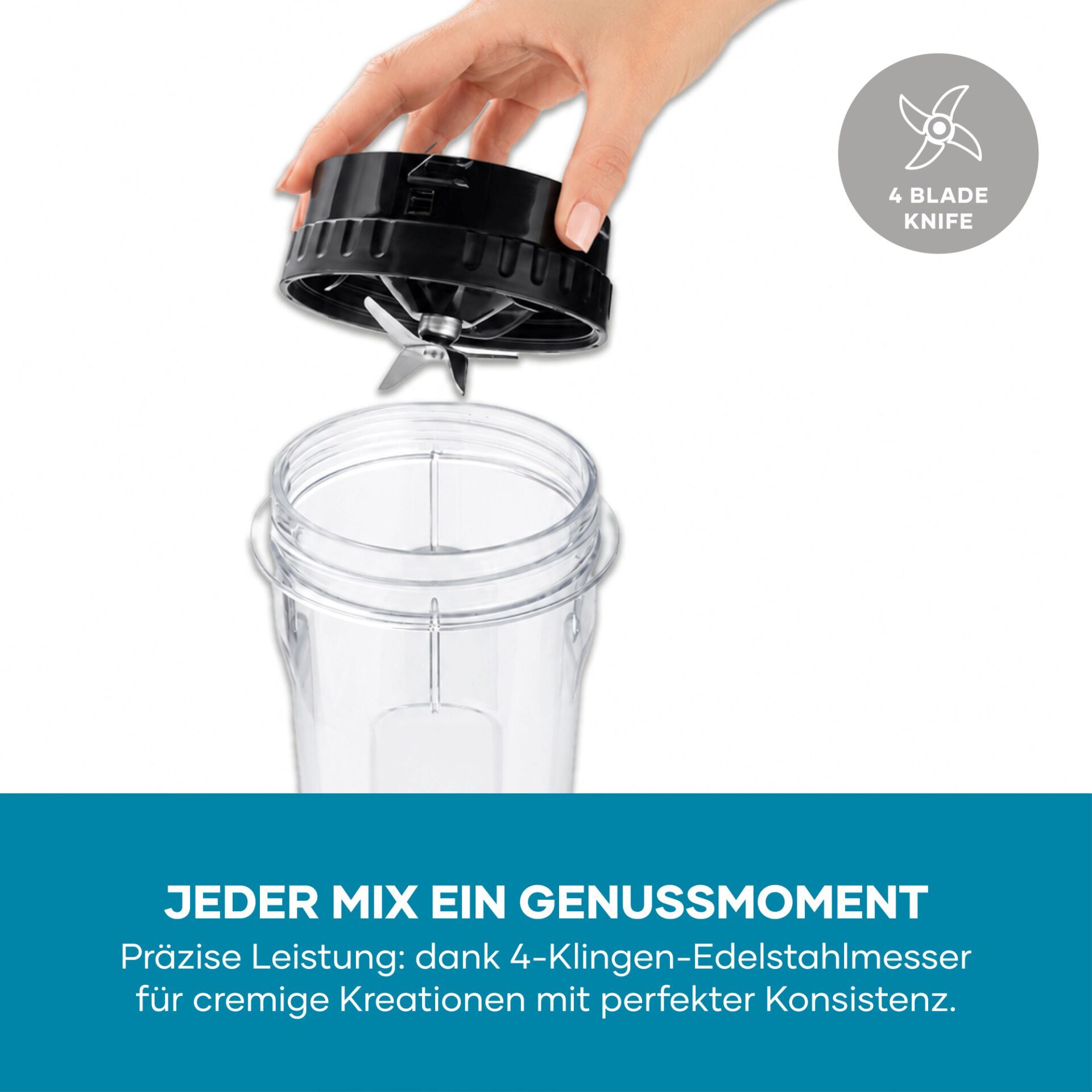 Mixer-Messereinheit, Vier Edelstahlklingen, Schwarzer Deckel, Transparenter Mixbecher