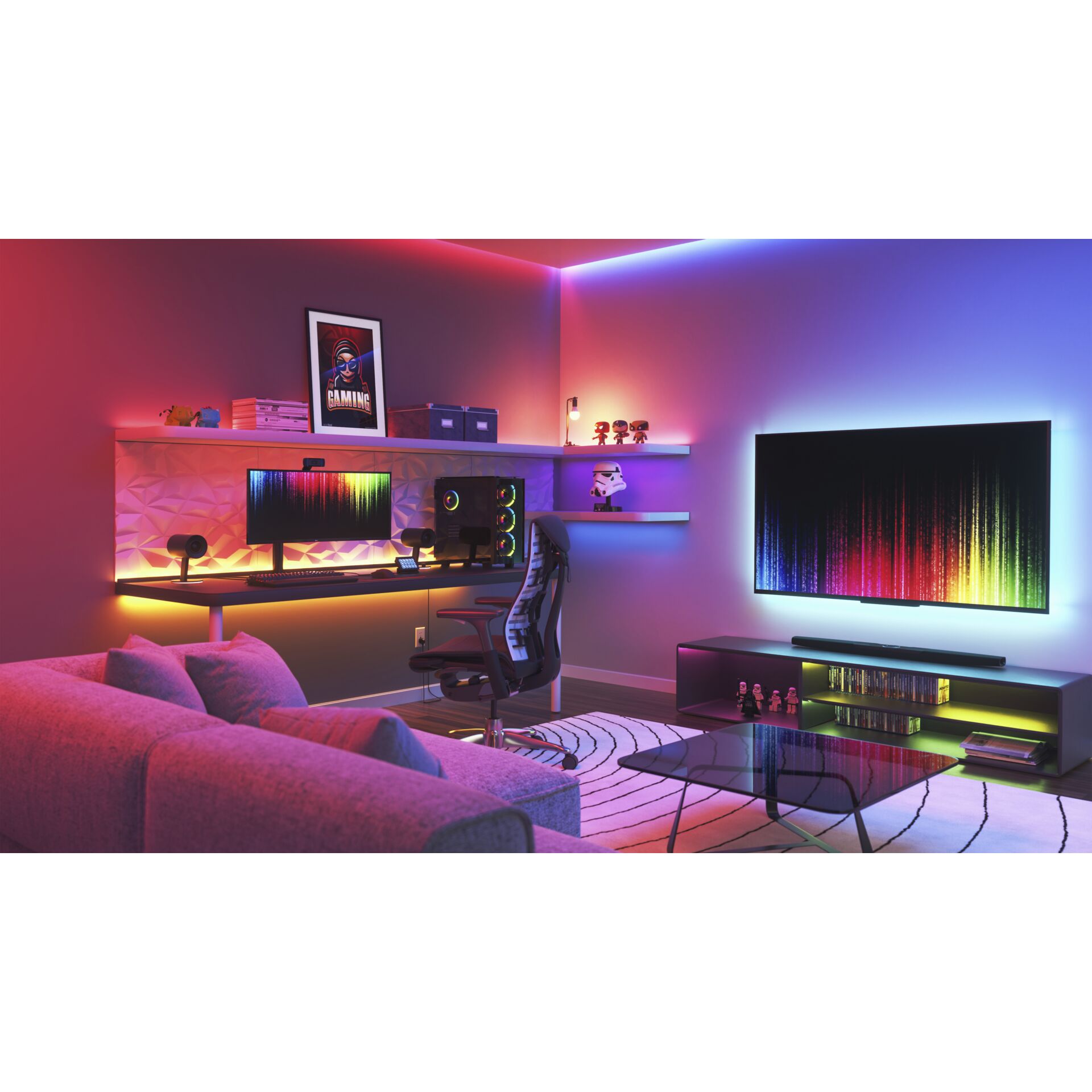 Gamingzimmer, RGB-Beleuchtung, Gaming-Stuhl, Wand-TV, Schreibtisch-Setup