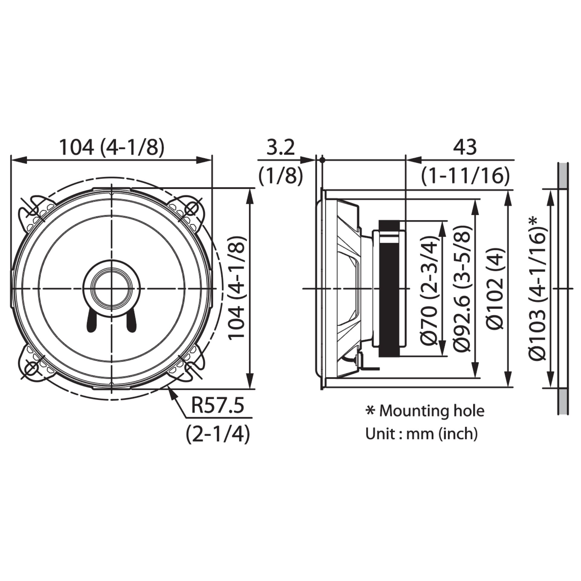 Lautsprecher, rund, technische Zeichnung, Montagebohrungen, Durchmesser 102 mm