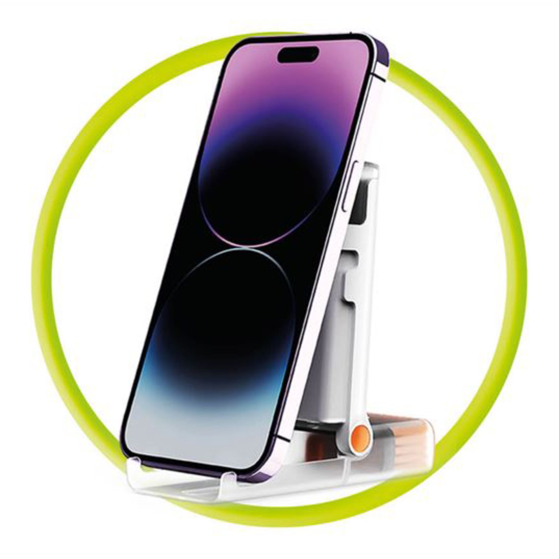 Smartphone, Phone stand, Wireless charging, Metal frame, Circle ring