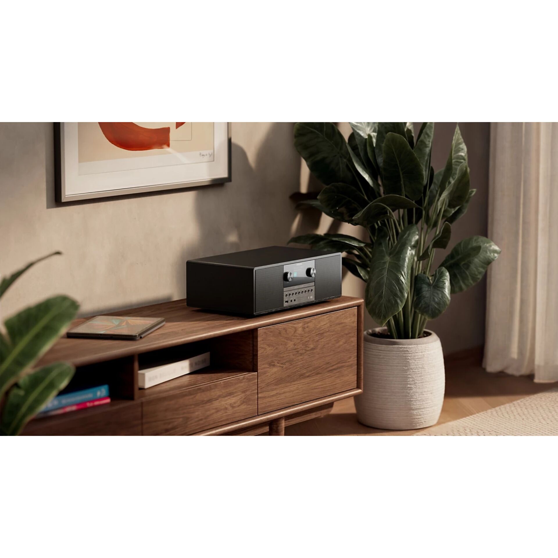 Hi-Fi, Verstärker, schwarz/metall, Holzgehäuse, Wohnzimmer-Dekoration