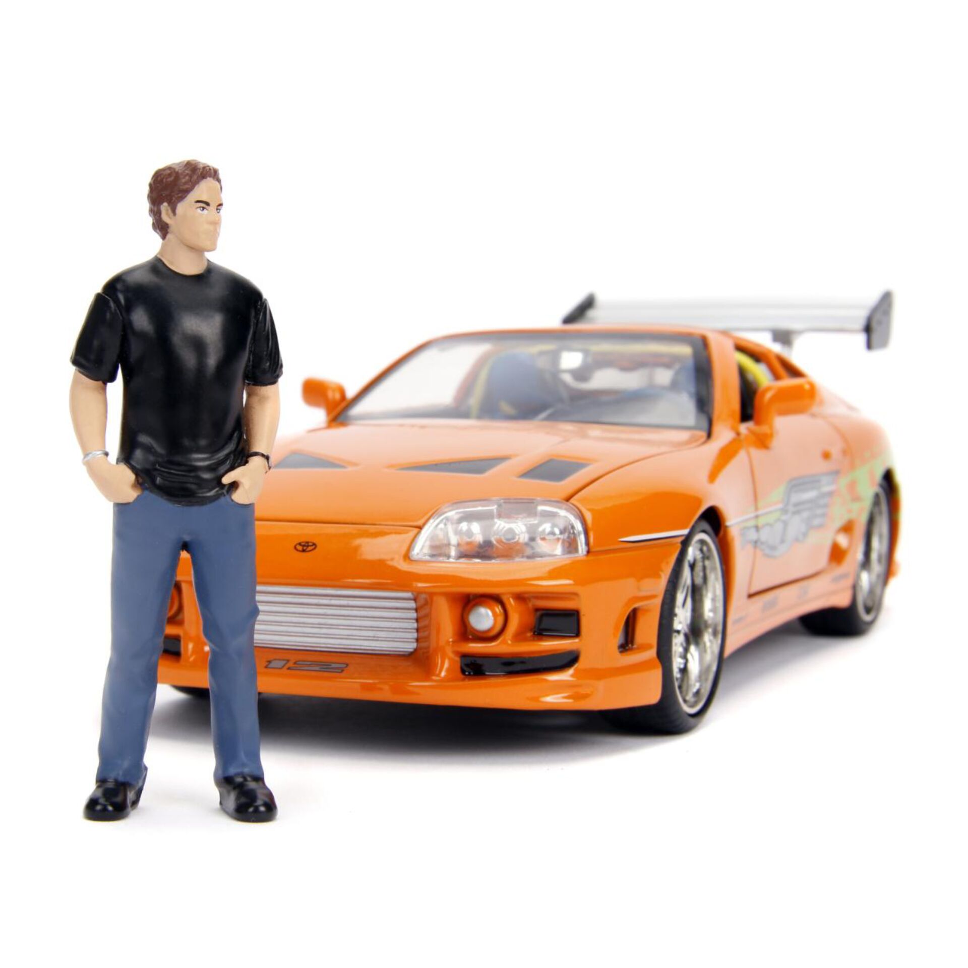 Spielzeugauto, Miniaturauto, Orangene Karosserie, Spoiler, Figur mit Auto