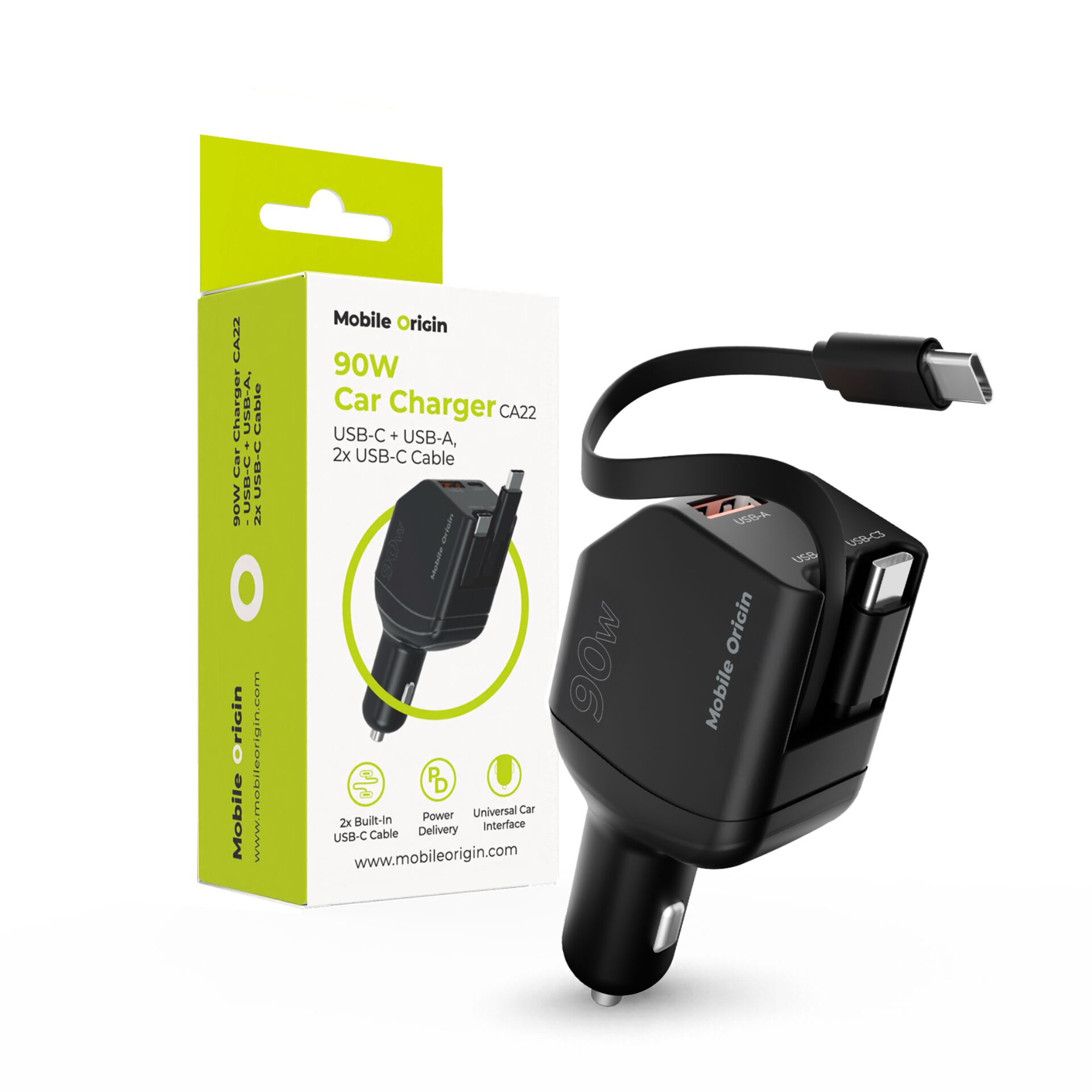 Mobile Origin 90W Car Charger  CA22 USB-C+USB-A 2x cable 60cm