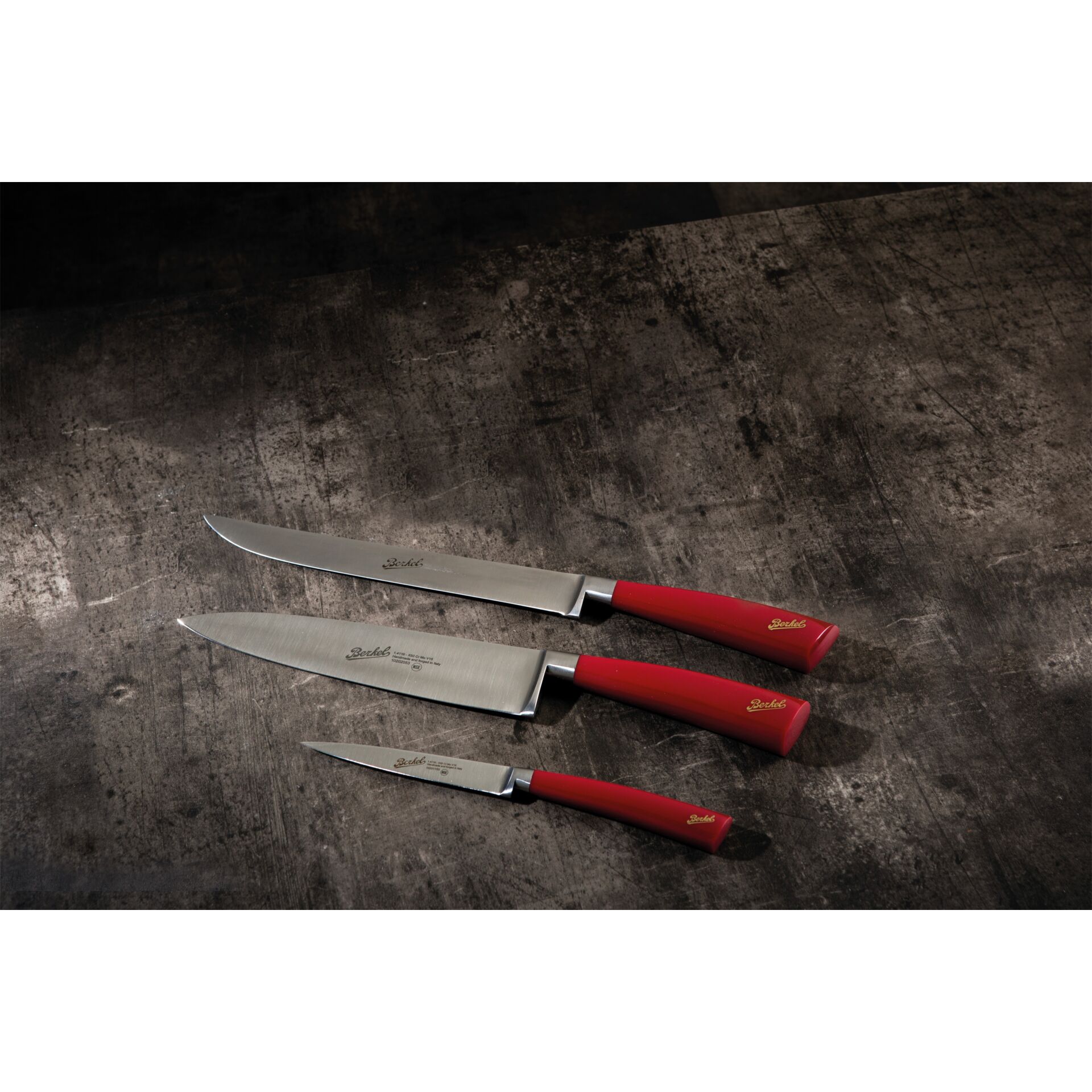 messer, kitchenmesser, set, roter griff, klingenlänge