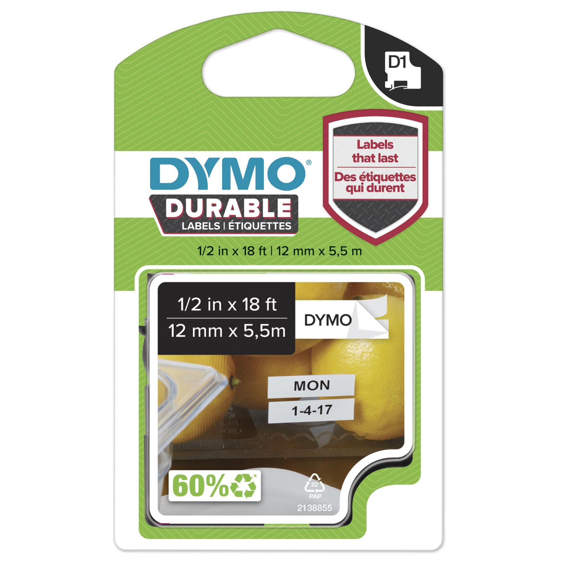 Dymo D1 Vinylband High Perf.  12 mm x 5,5 m schwarz auf weiß