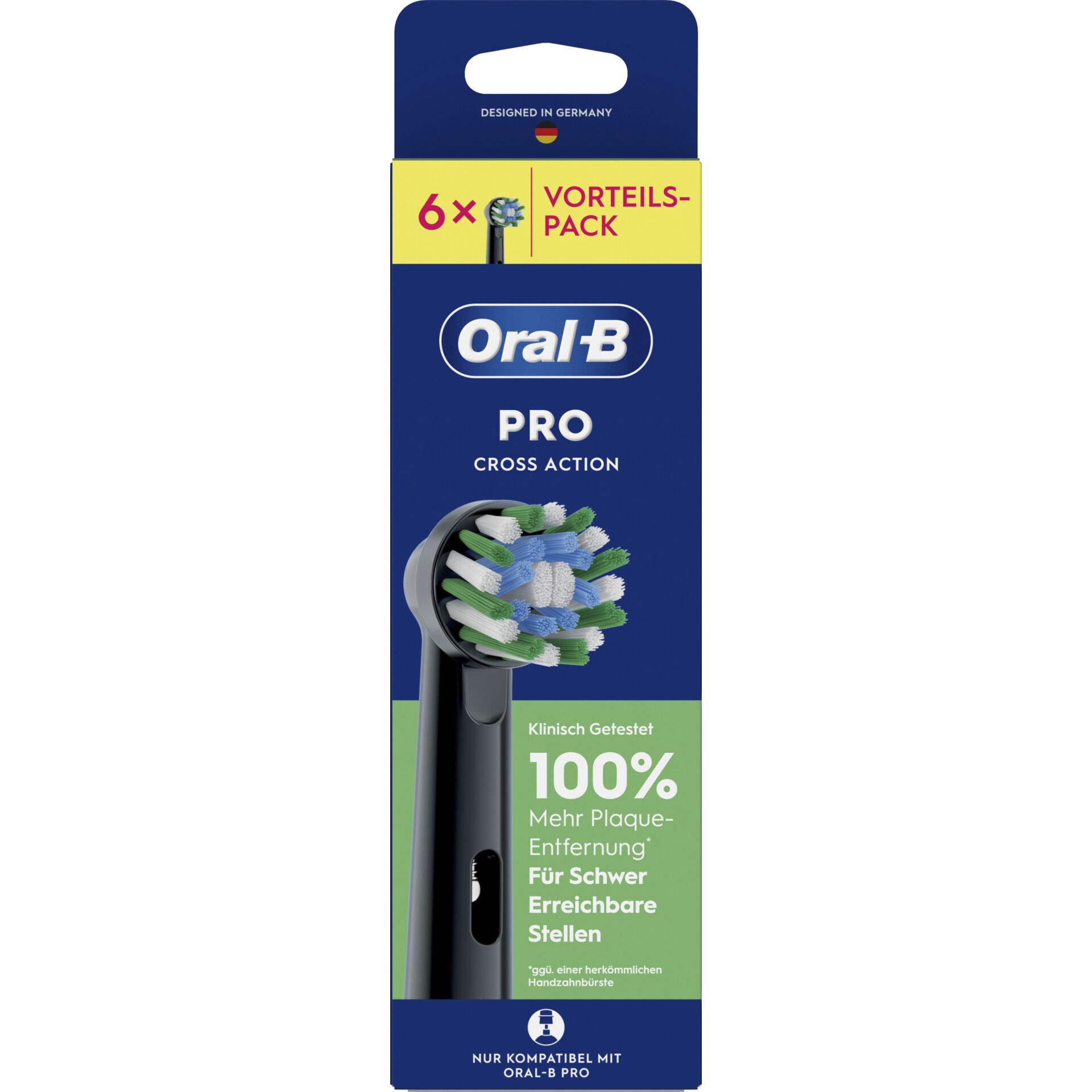 zahnbürsten-kopf, aufladbare bürste, oral-b pro, kopf mit bunten borsten, cross-action