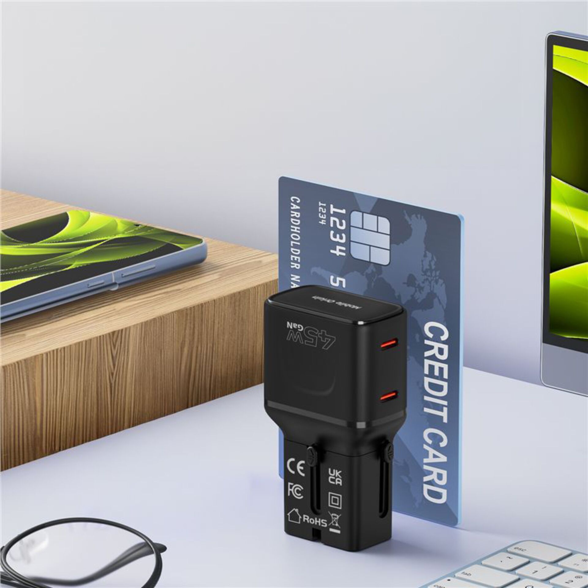 USB-Ladegerät, Kfz-Adapter, Kreditkartenformat, Dual-USB, Reiseladegerät