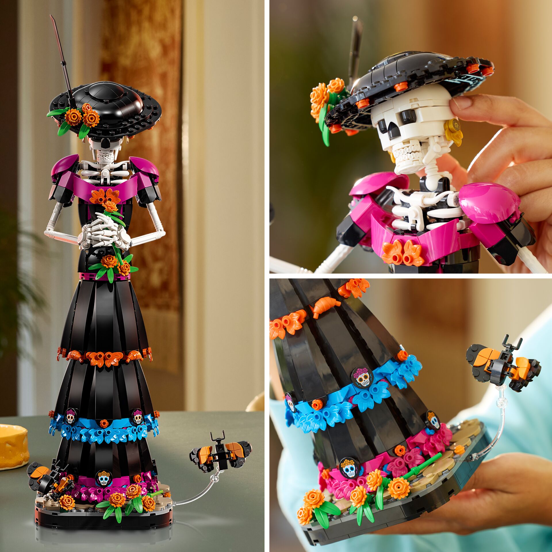 Figur, Skelett, Blumen, Kleid, Farbakzente