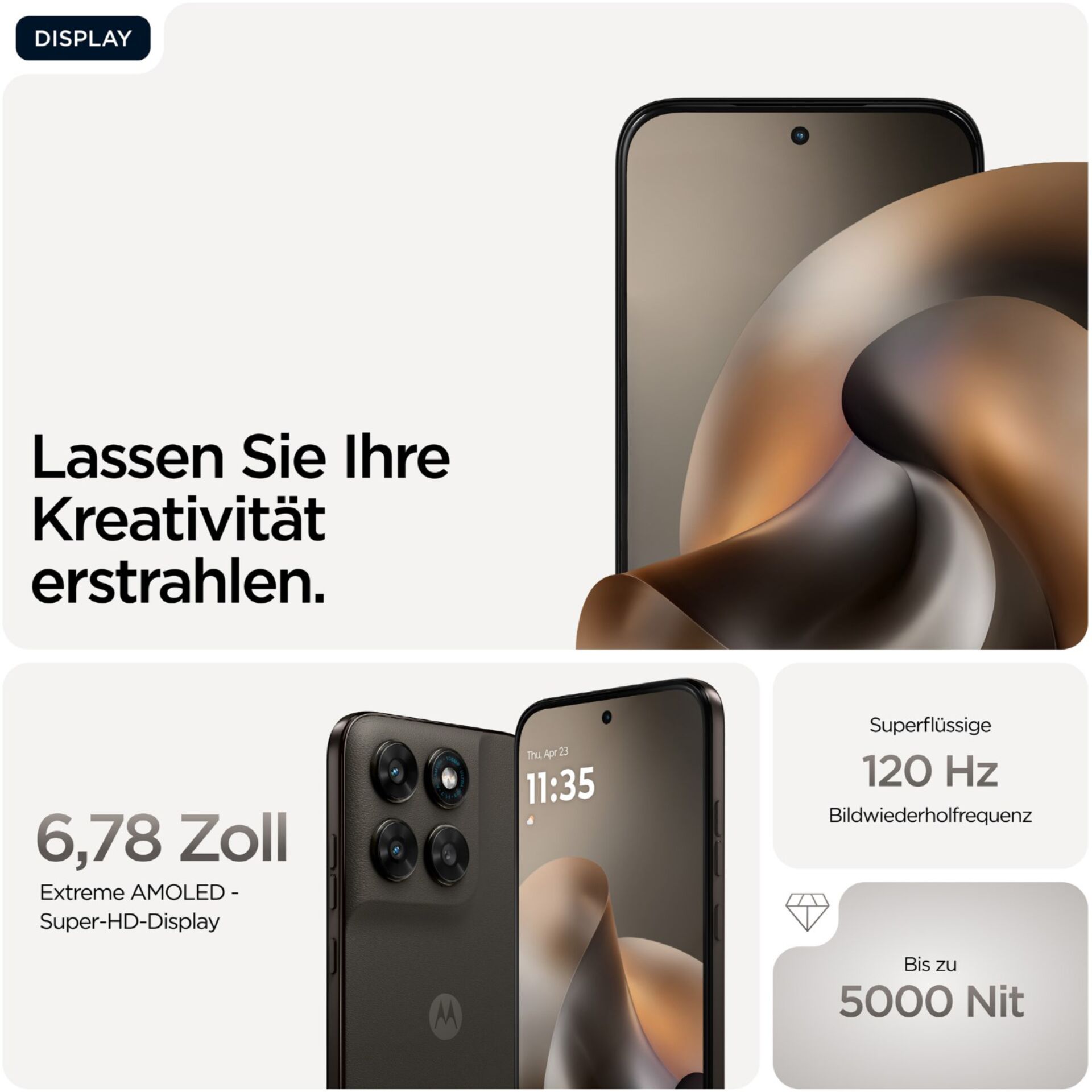 6,78 Zoll, AMOLED, Rückseite mit Kamera, 120 Hz, 5000 Nits