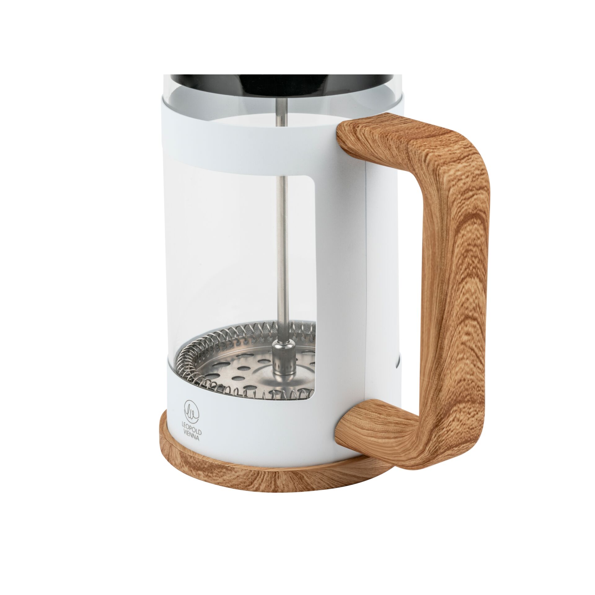 French press, Kaffeemaschine, Glas-Körper, Holzgriff, Metall-Pfosten