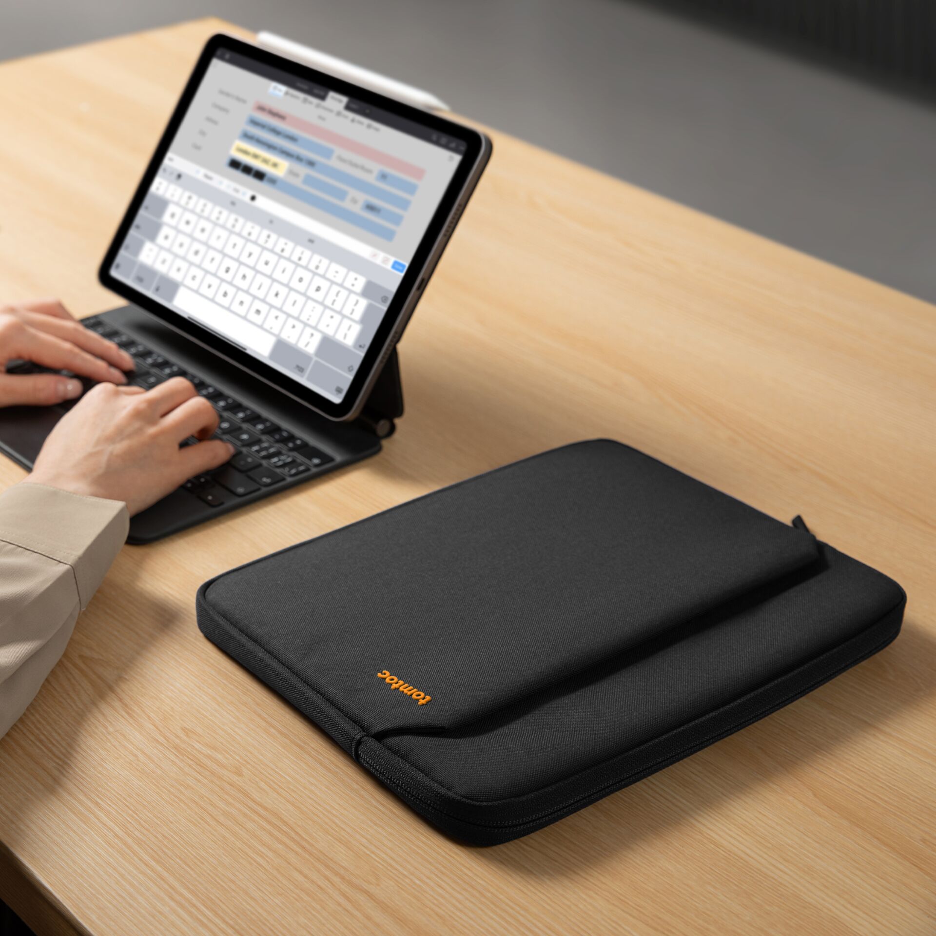 tablet stand, tablet case, keyboard case, black sleeve, portable storage