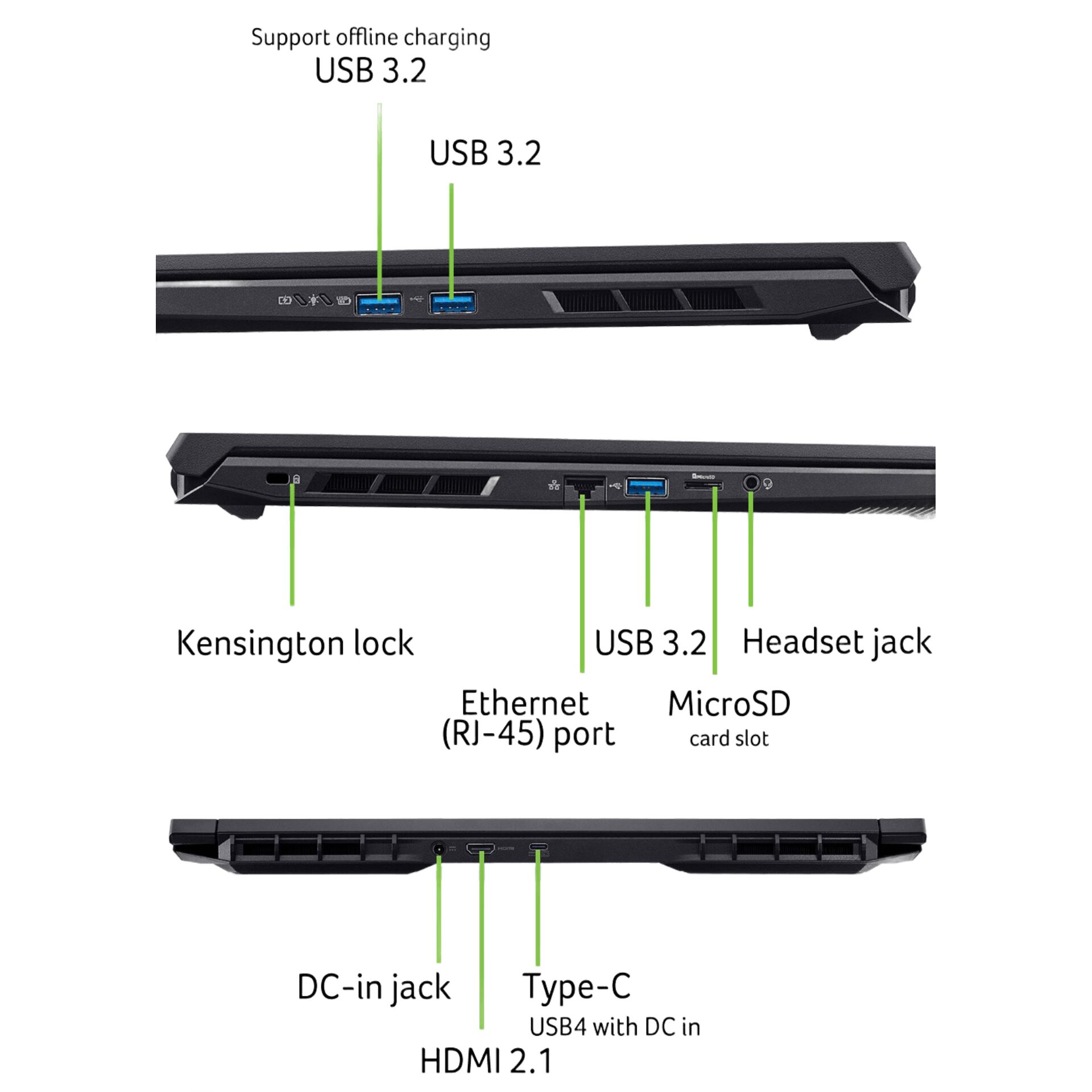 Notebook, USB-3.2-Anschlüsse, HDMI-2.1-Anschluss, Ethernet-Anschluss, MicroSD-Kartenleser