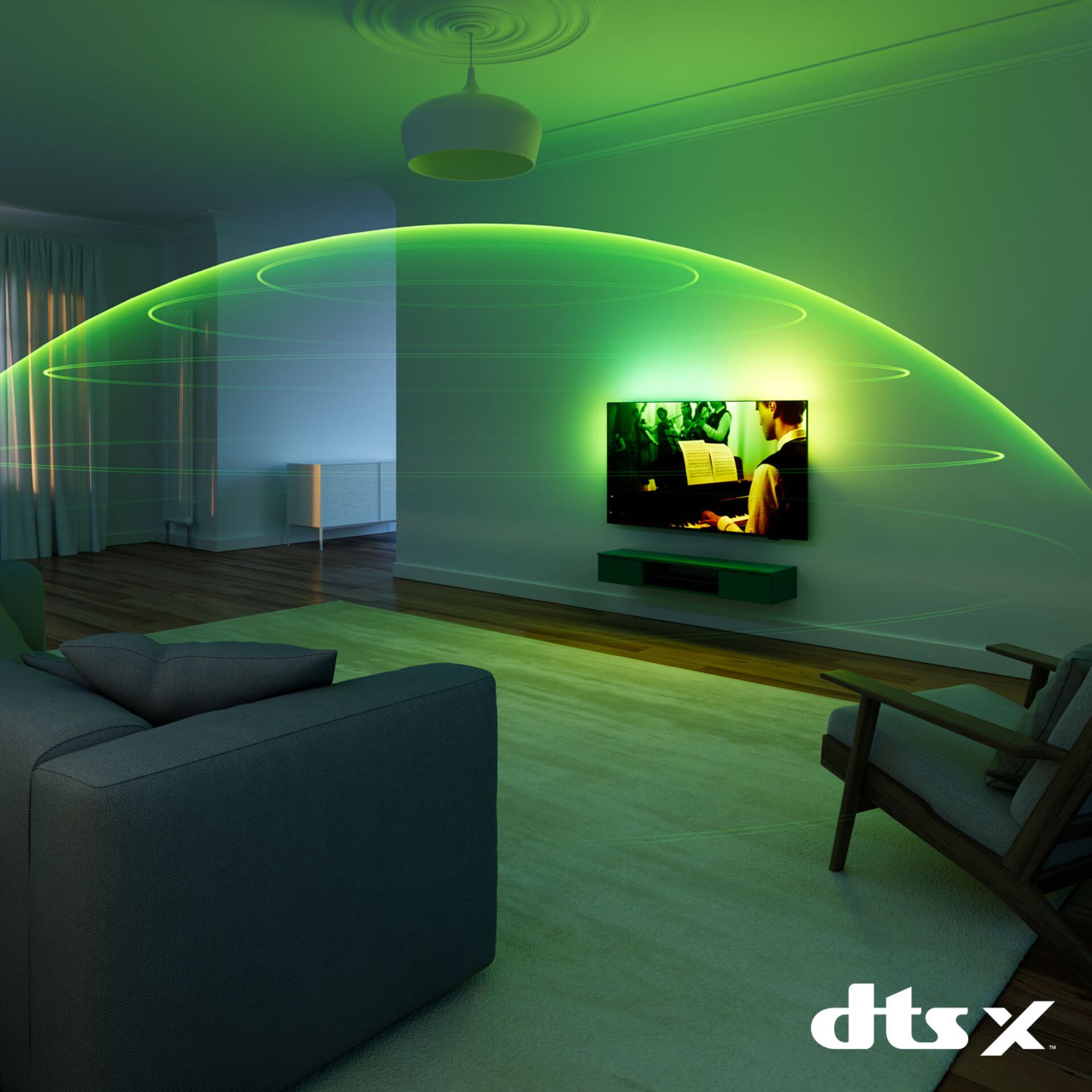 wohnzimmer, fernsehen, grünes licht, soundbar, dts-x
