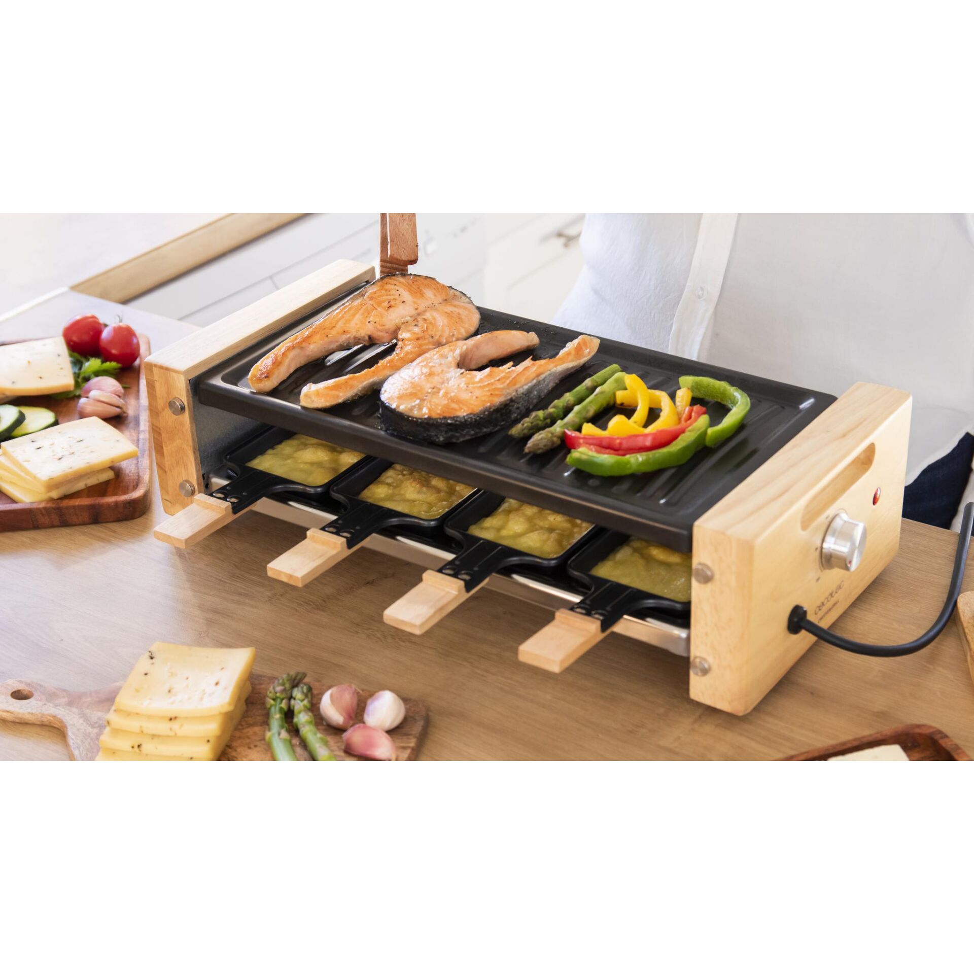 Grillplatte, Elektrogrill, Fisch, Gemüse, Holzrahmen