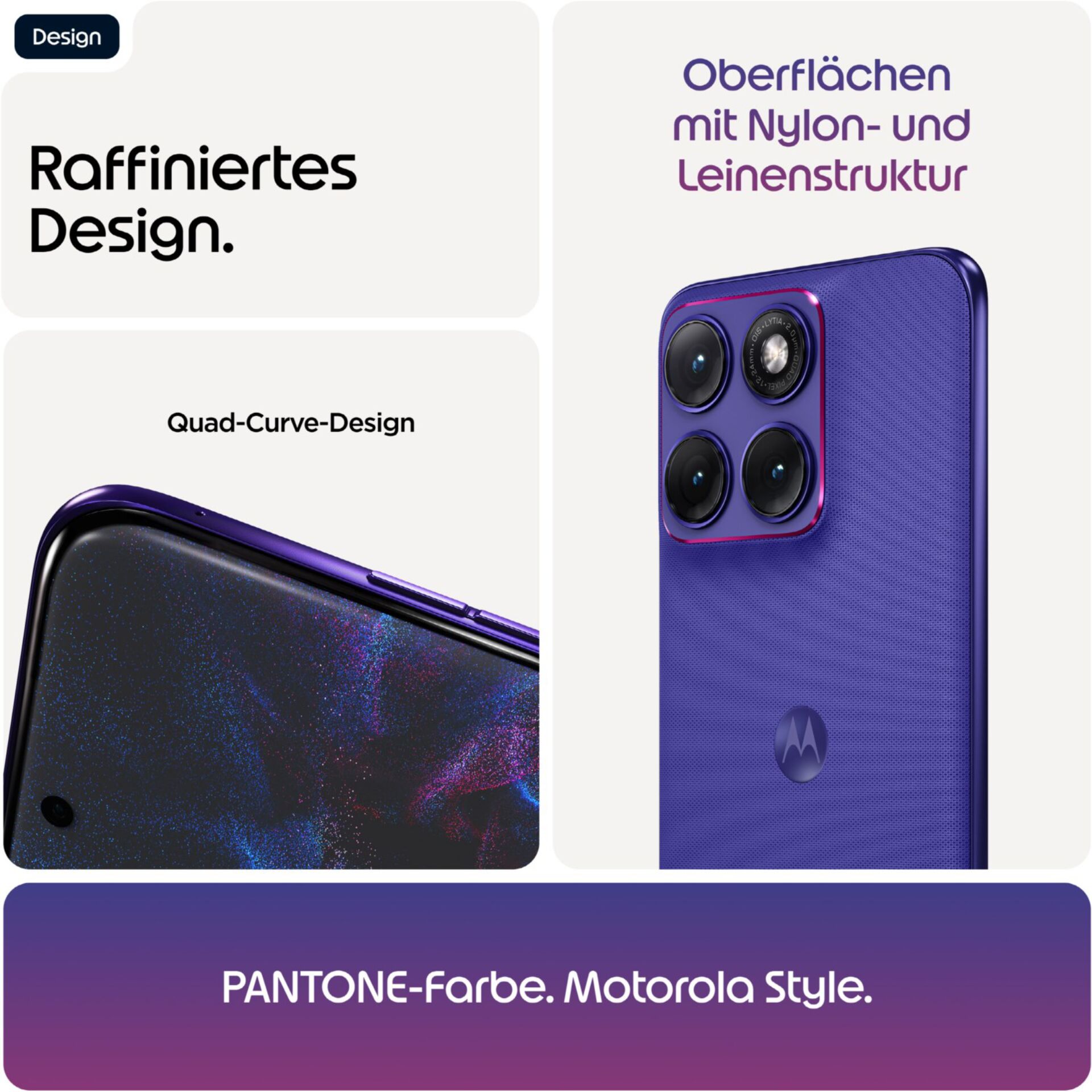 Quad-Curve-Design, Kamera-Anordnung, Lila-Farbton, Gehäuse-Muster, Pantone-Farbe