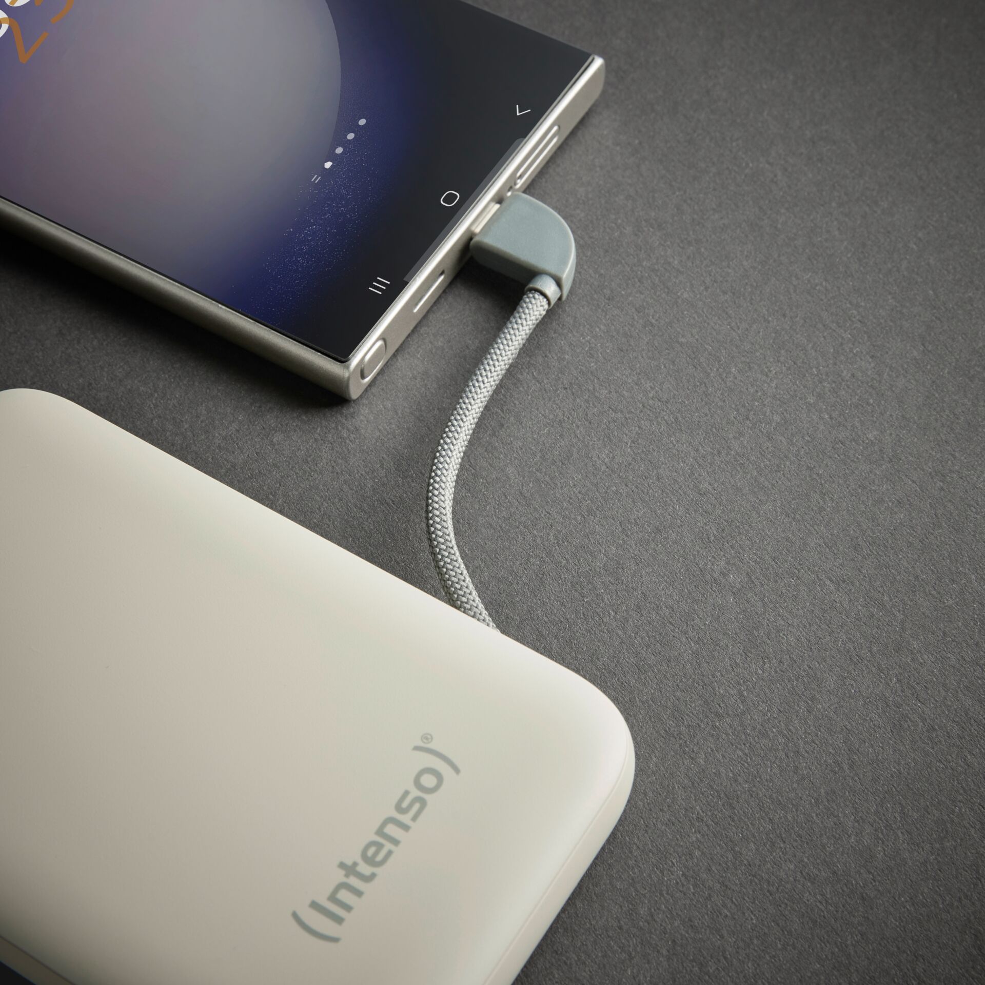 Powerbank, Externe Batterie, USB-C, Grau, Geflochtenes Kabel