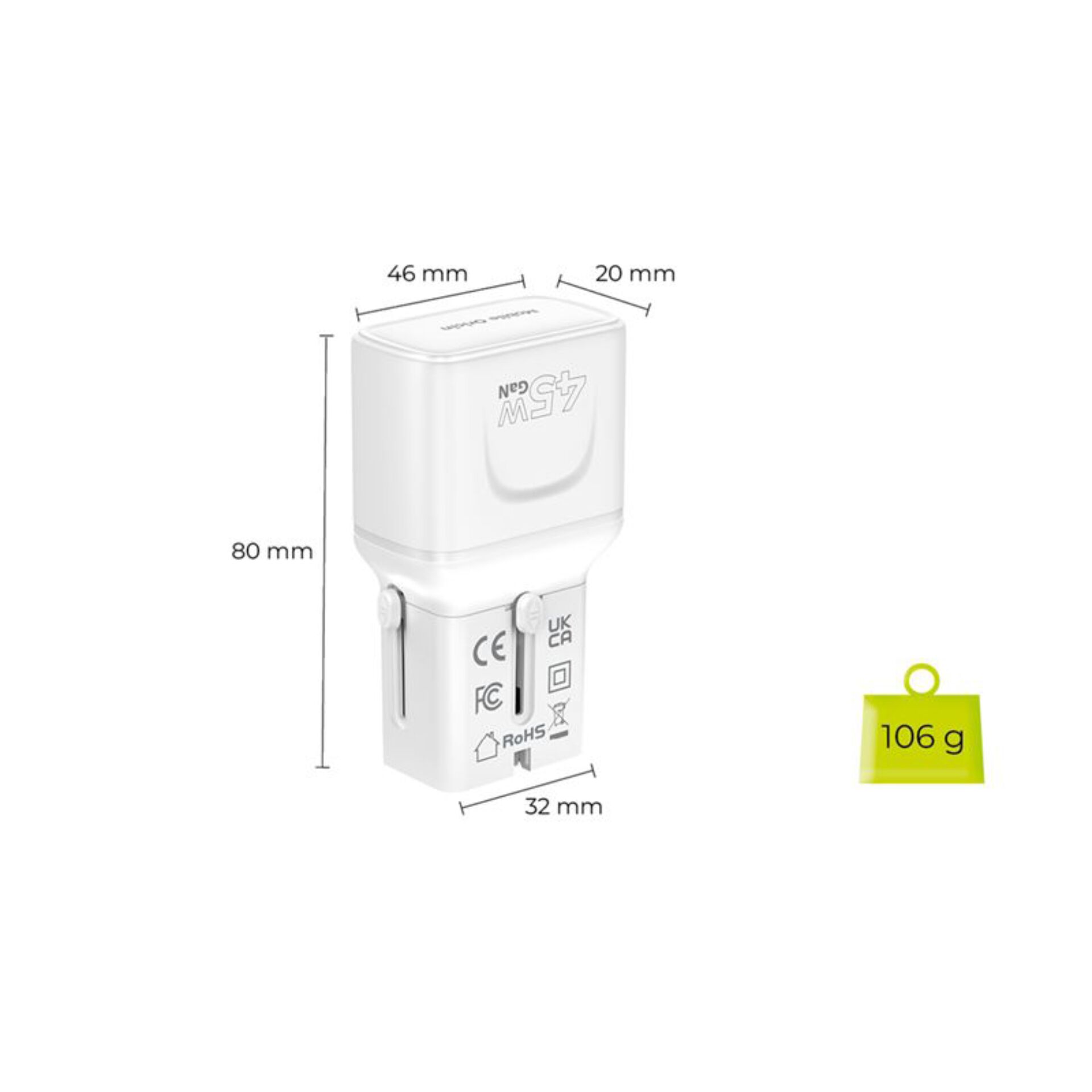 UK-Steckkontakt, USB-Schnellladegerät, Wandladegerät, Maße 20-46mm, 106 g