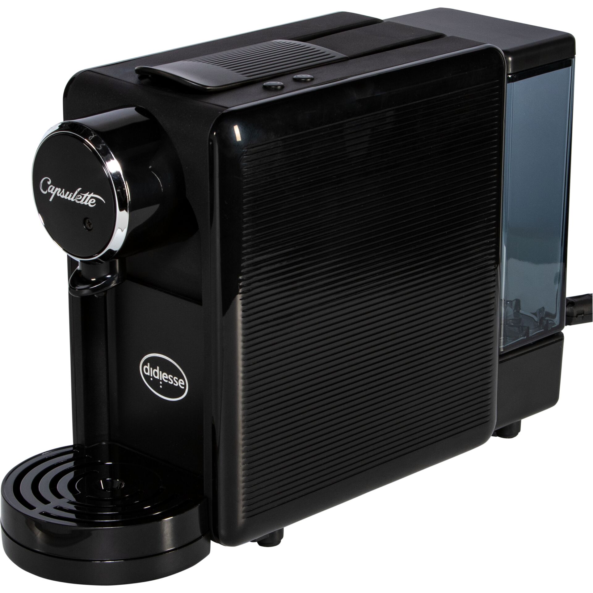 Kapselmaschine, Kaffeemaschine, schwarzes Gehäuse, Wassertank, Tropfschale