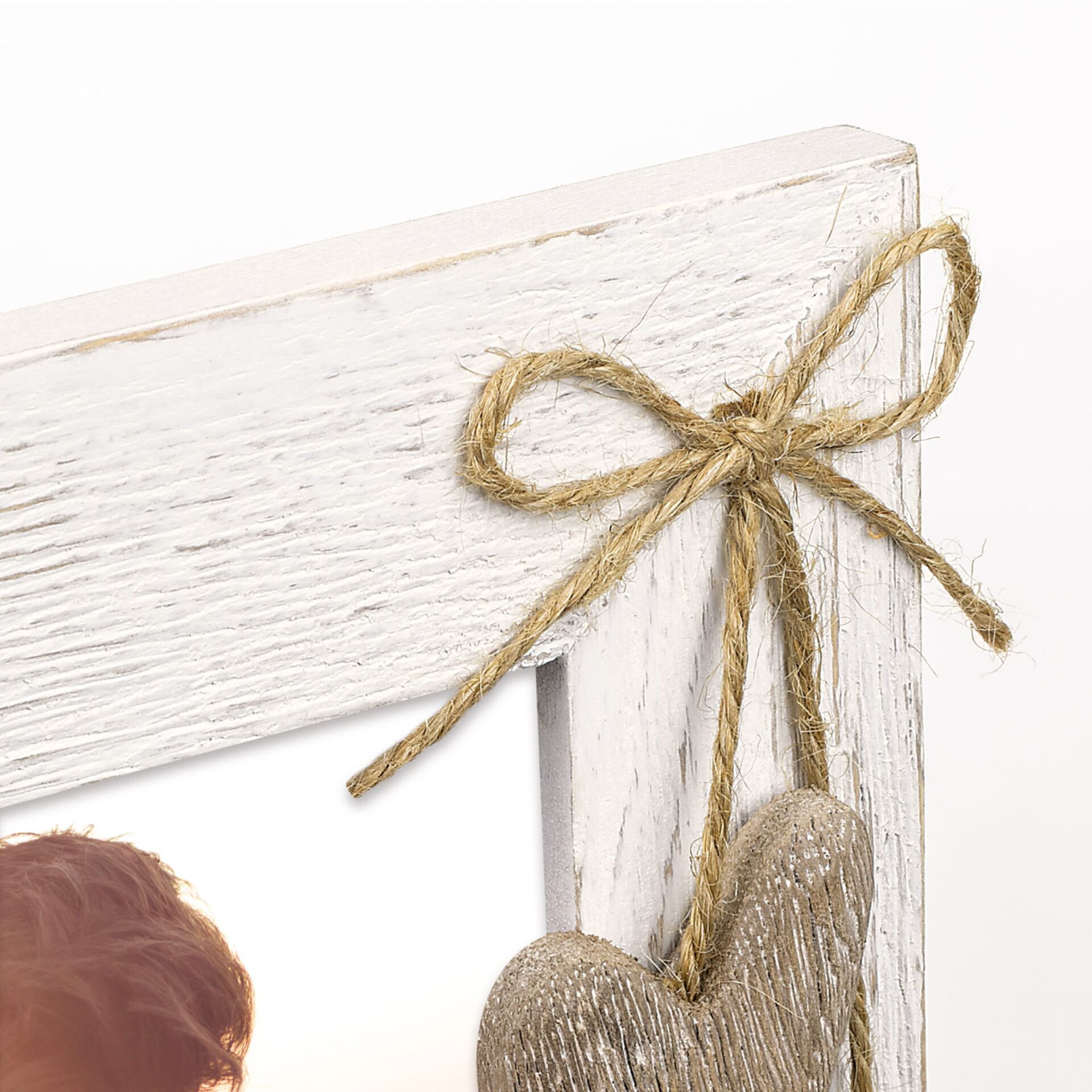 Holzrahmen, Weiß, Herzanhänger, Jute, Shabby Chic