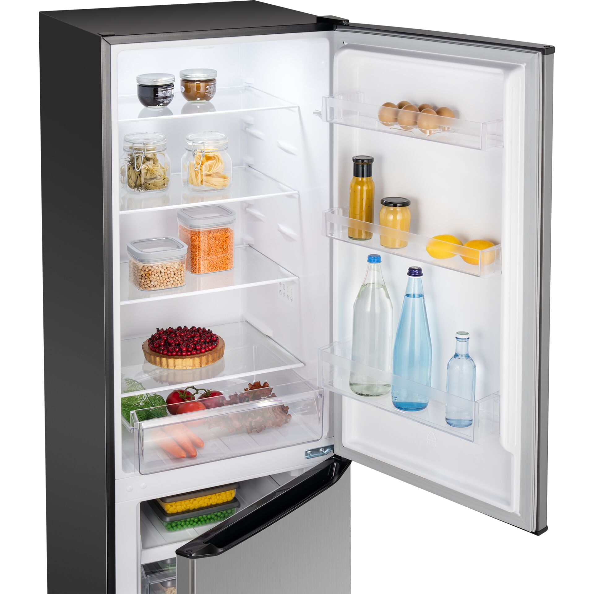 Kühlschrank, Gefrierfach, Edelstahl, Schwarz, Glastablagen