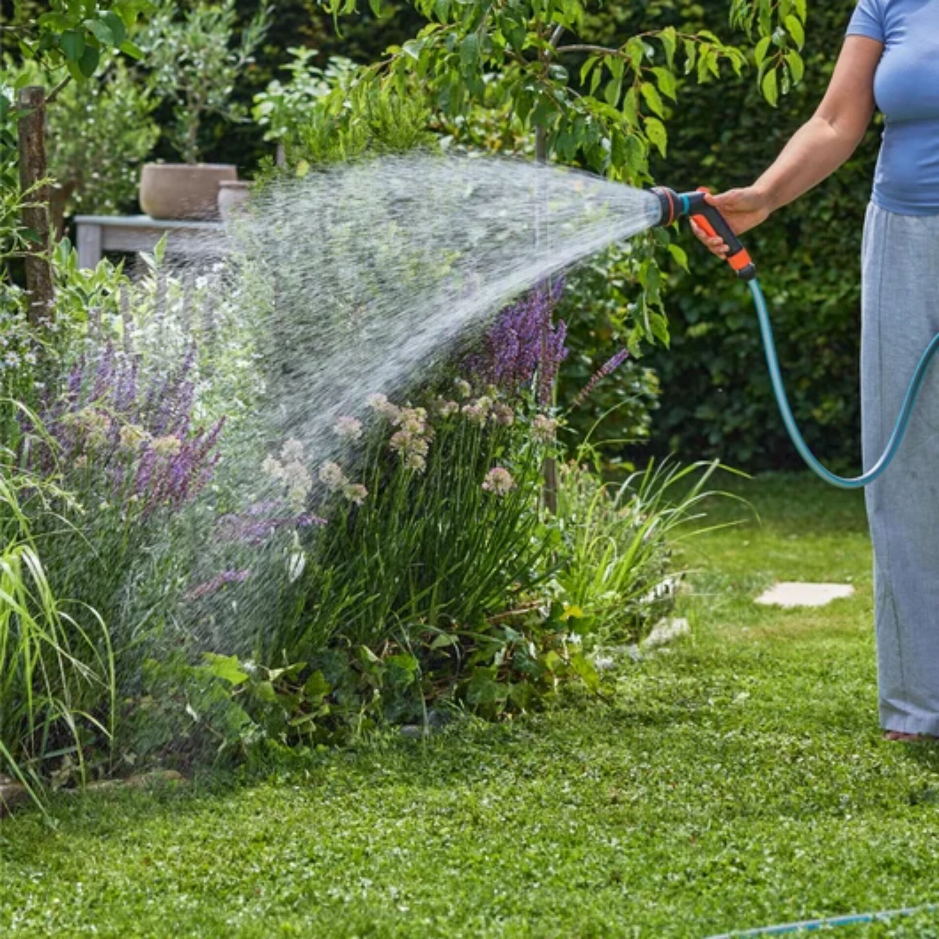 Gartenschlauch, Bewässerung, Gartenpflege, Sprühstrahl, Blumenbeet pflege