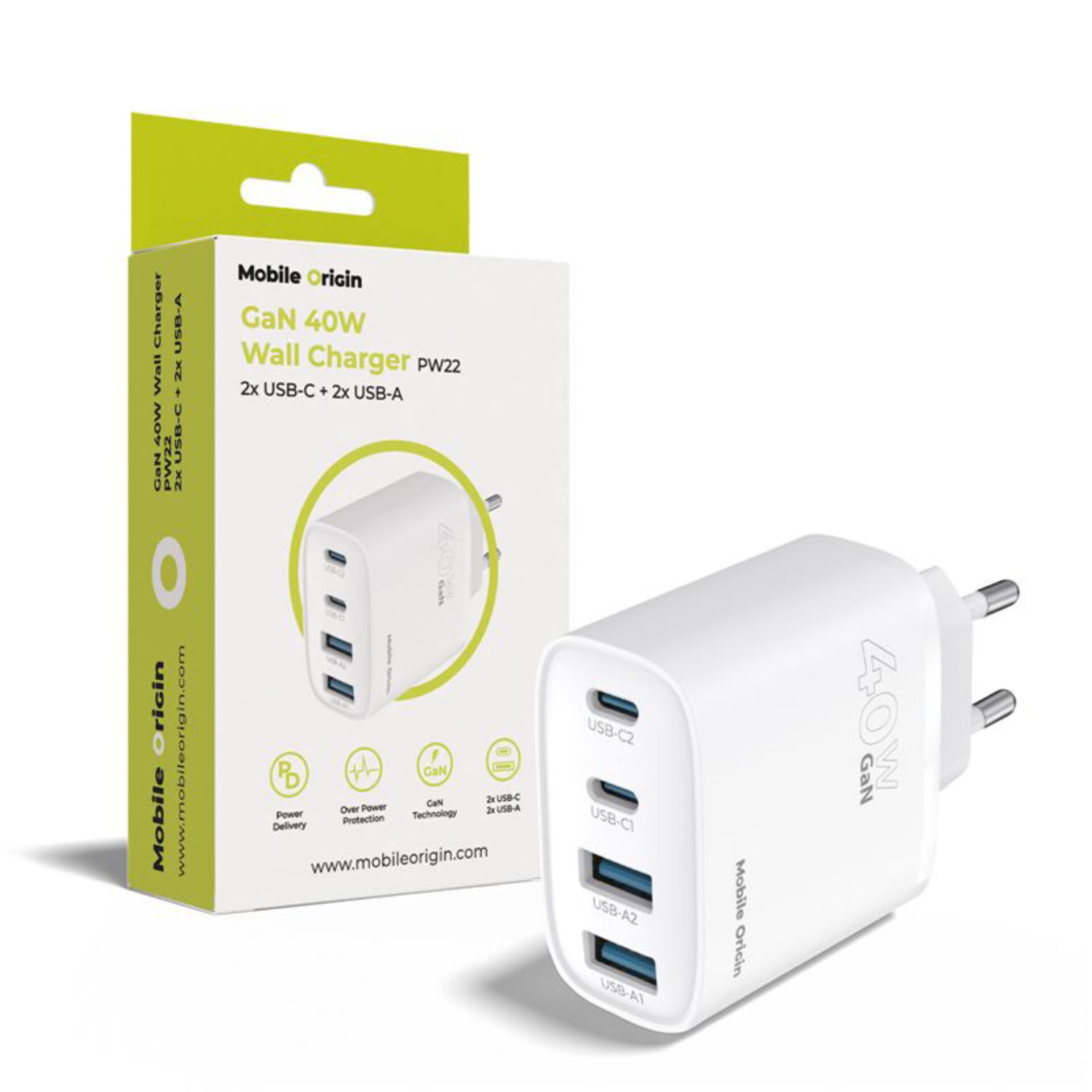 Mobile Origin 40W GaN Charger  PW22 2x USB-C + 2x USB-A