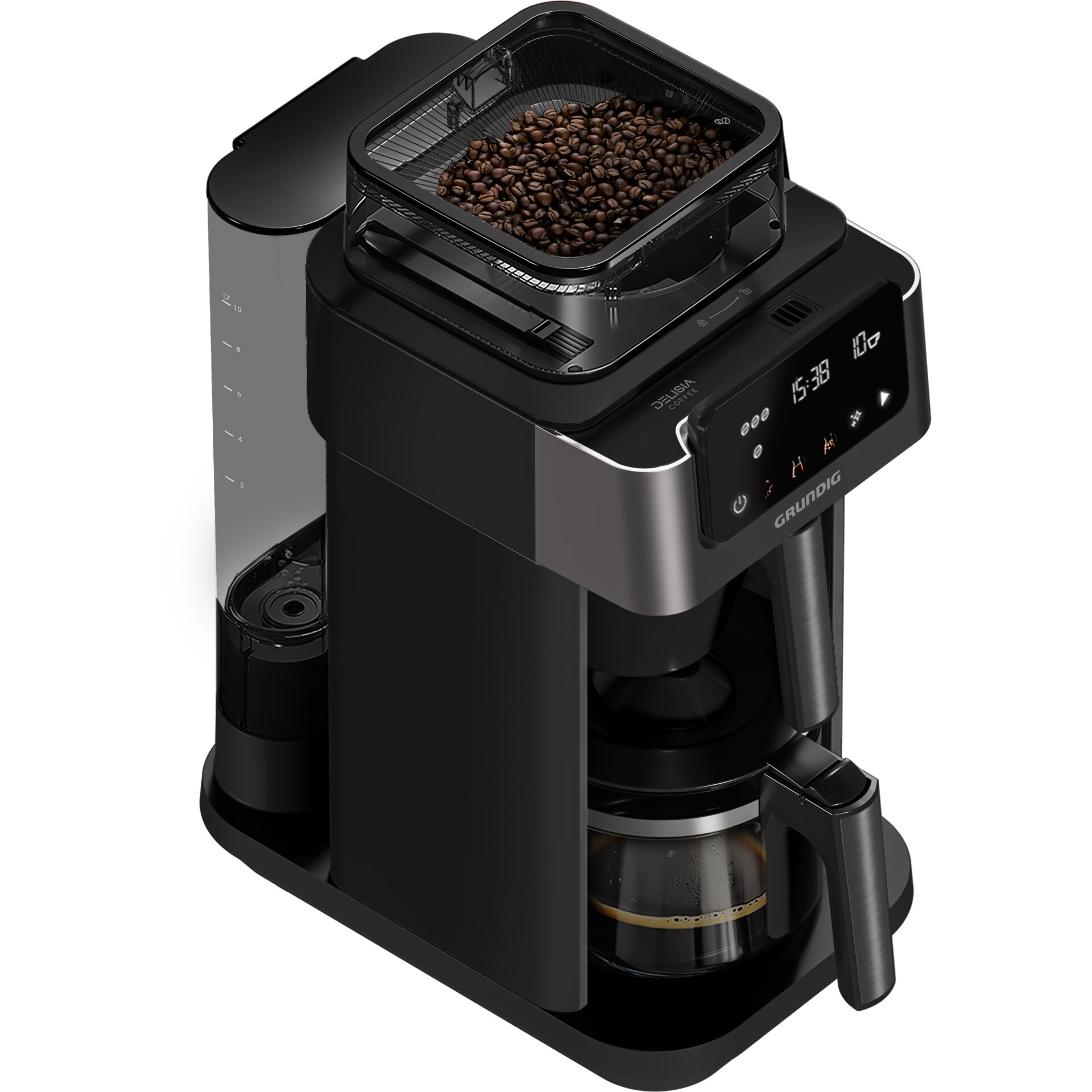Kaffeemaschine, Kaffeemühle integriert, Filterkaffeemaschine, Digitaldisplay, Schwarz