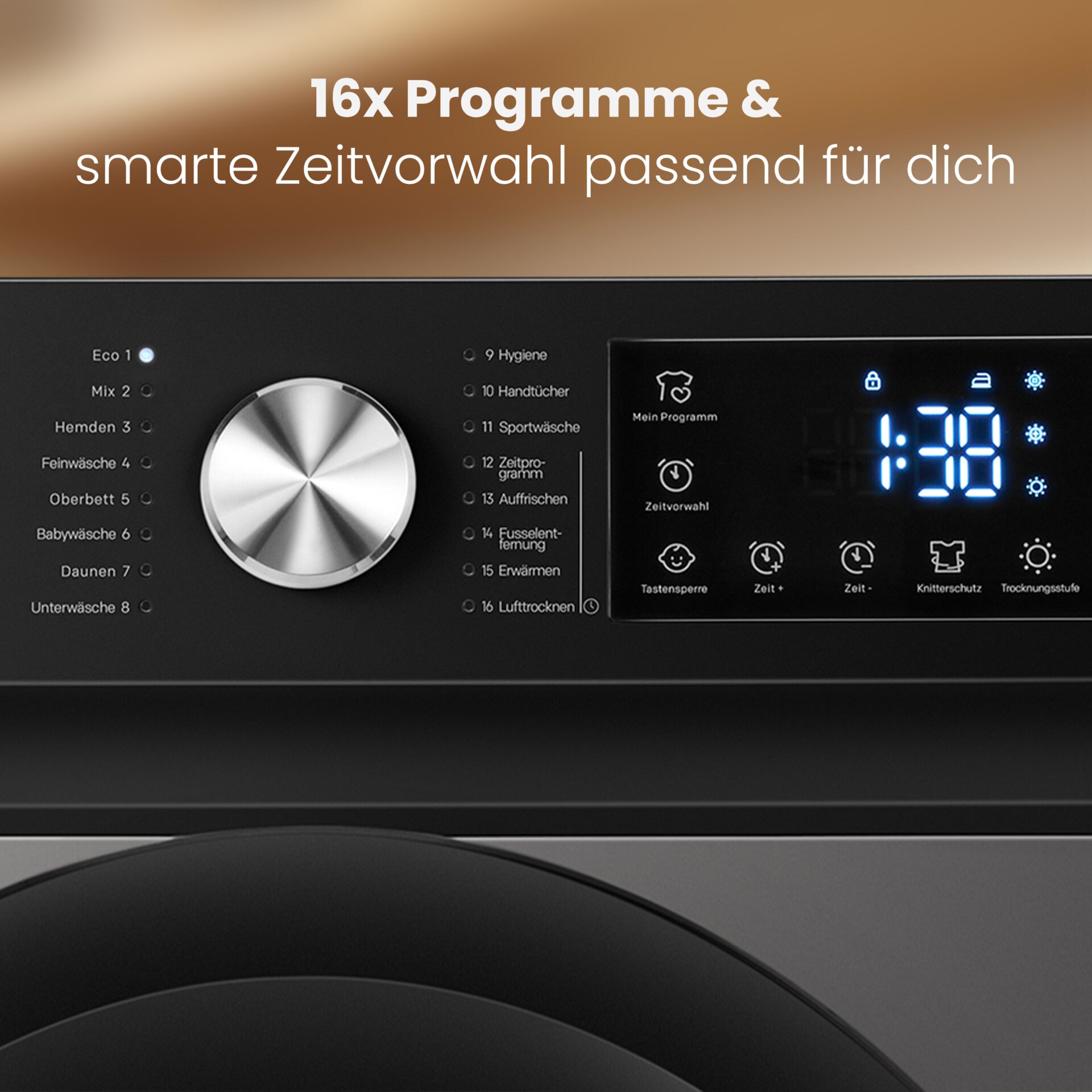 Waschmaschine, schwarzes Gerät, Drehregler, Digitalanzeige, 16 Waschprogramme