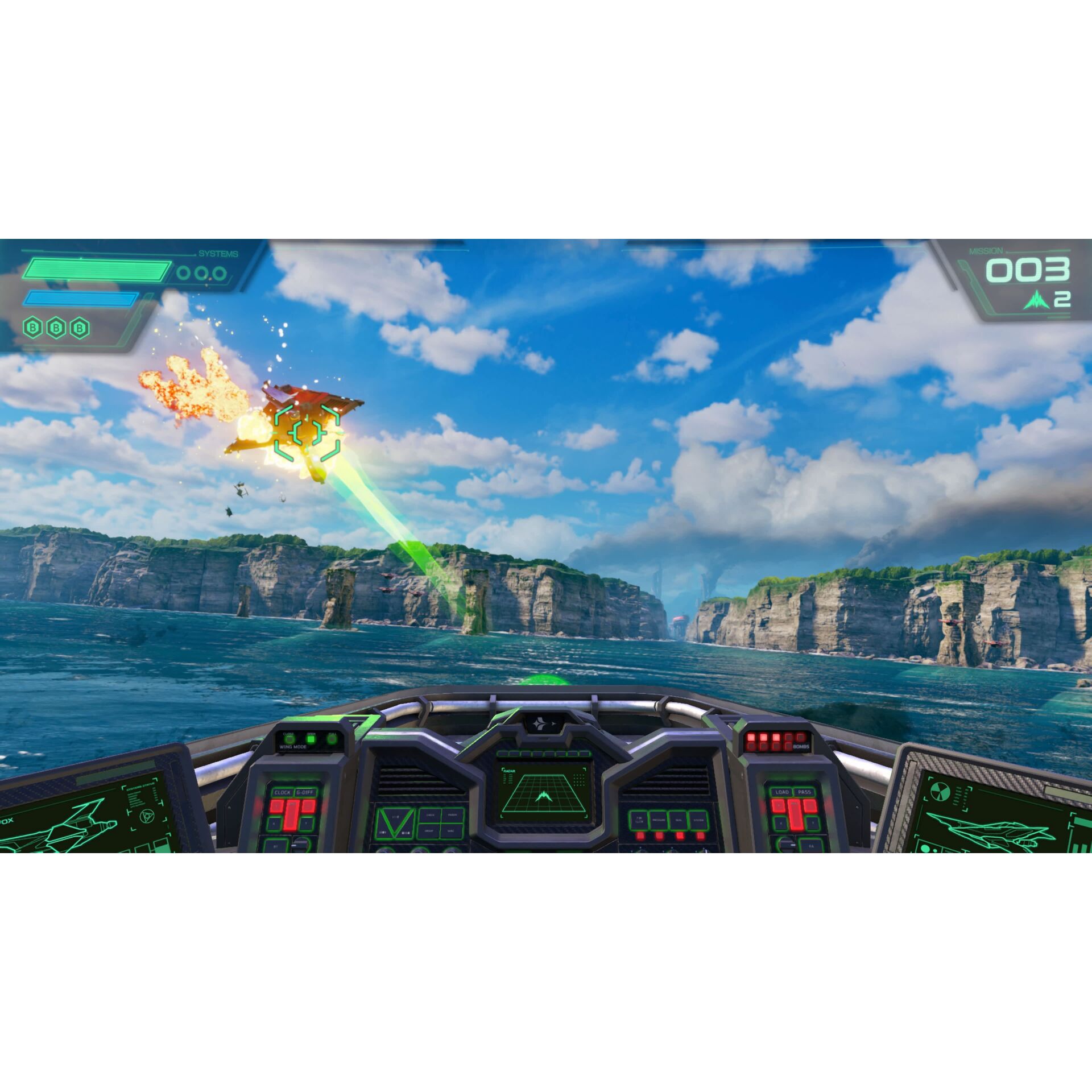 Raumschiff, Cockpit, grüner Laser, Ozeanblick, Kampfspiel