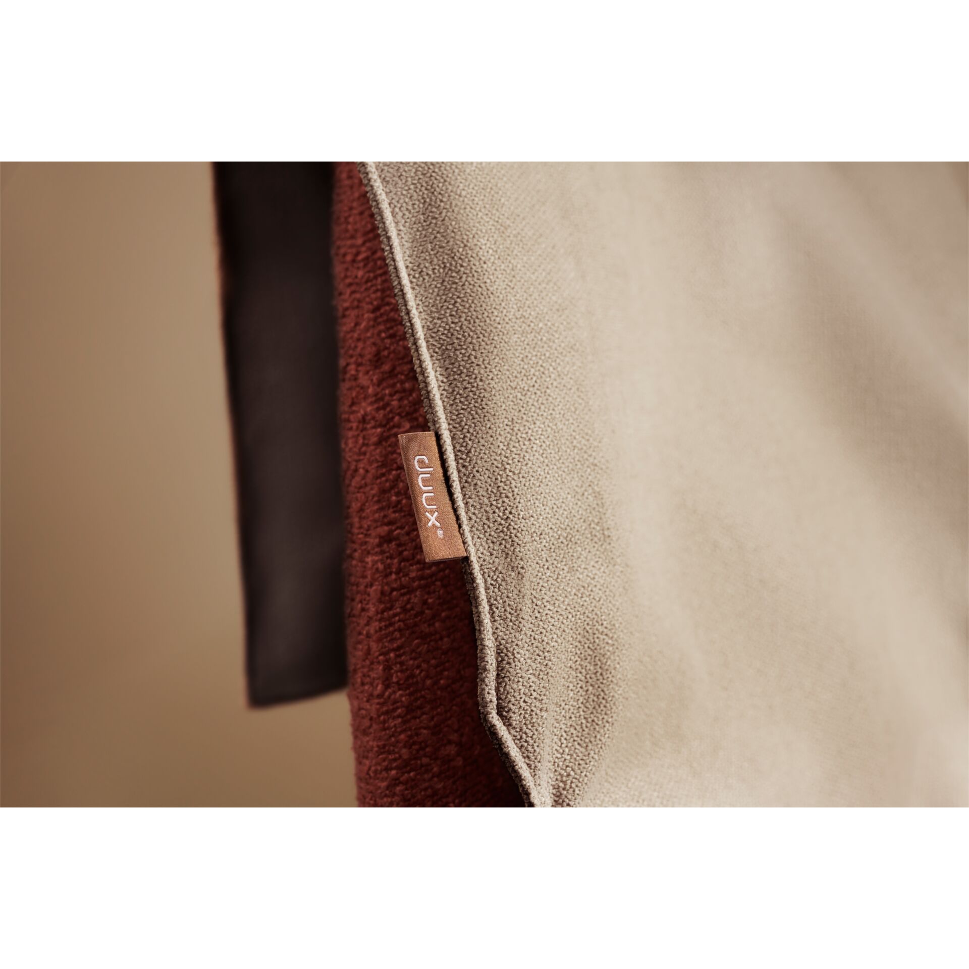 kissen, stoff, beige, braun, label