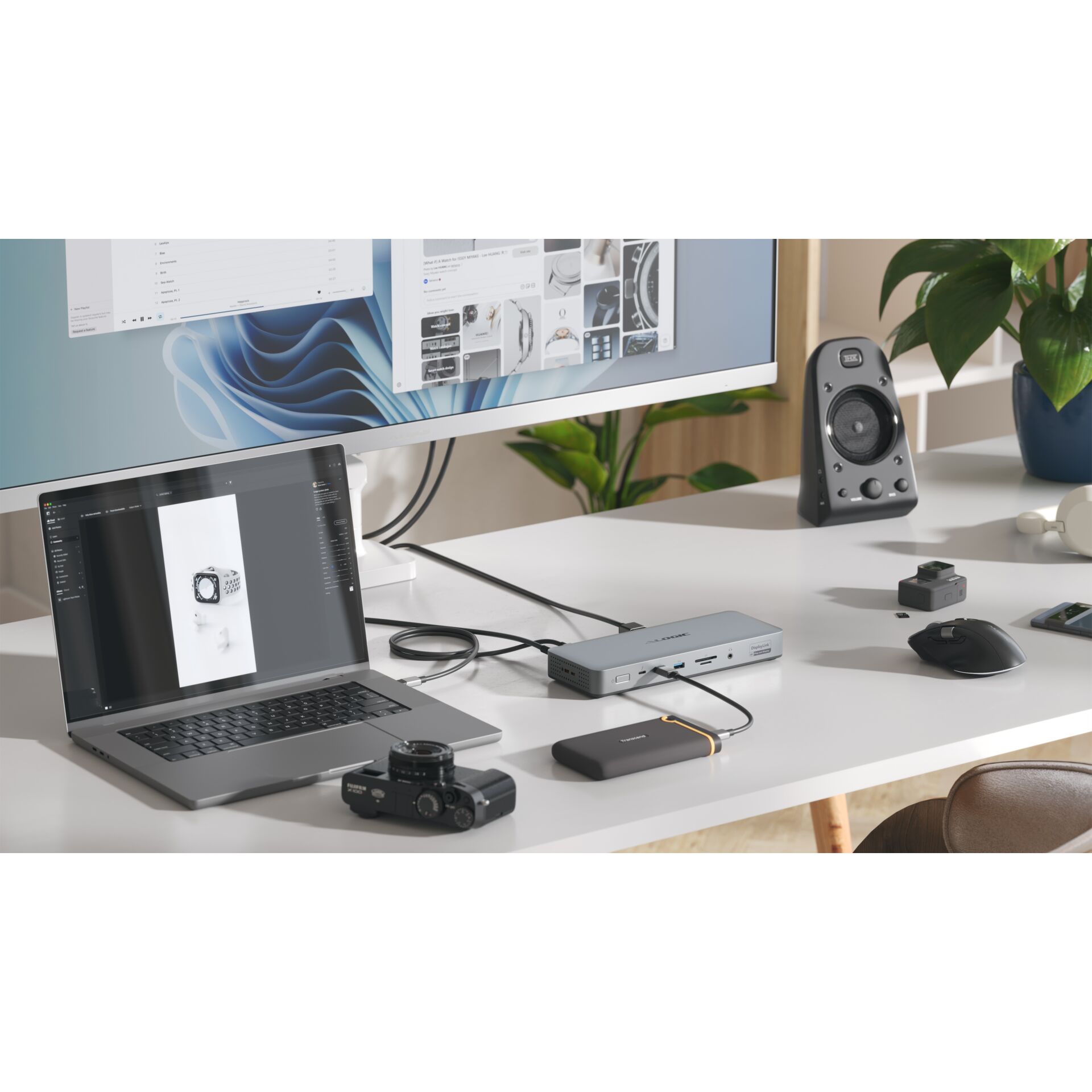 Laptop, Monitor, USB-C Dock, Kamera, Lautsprecher