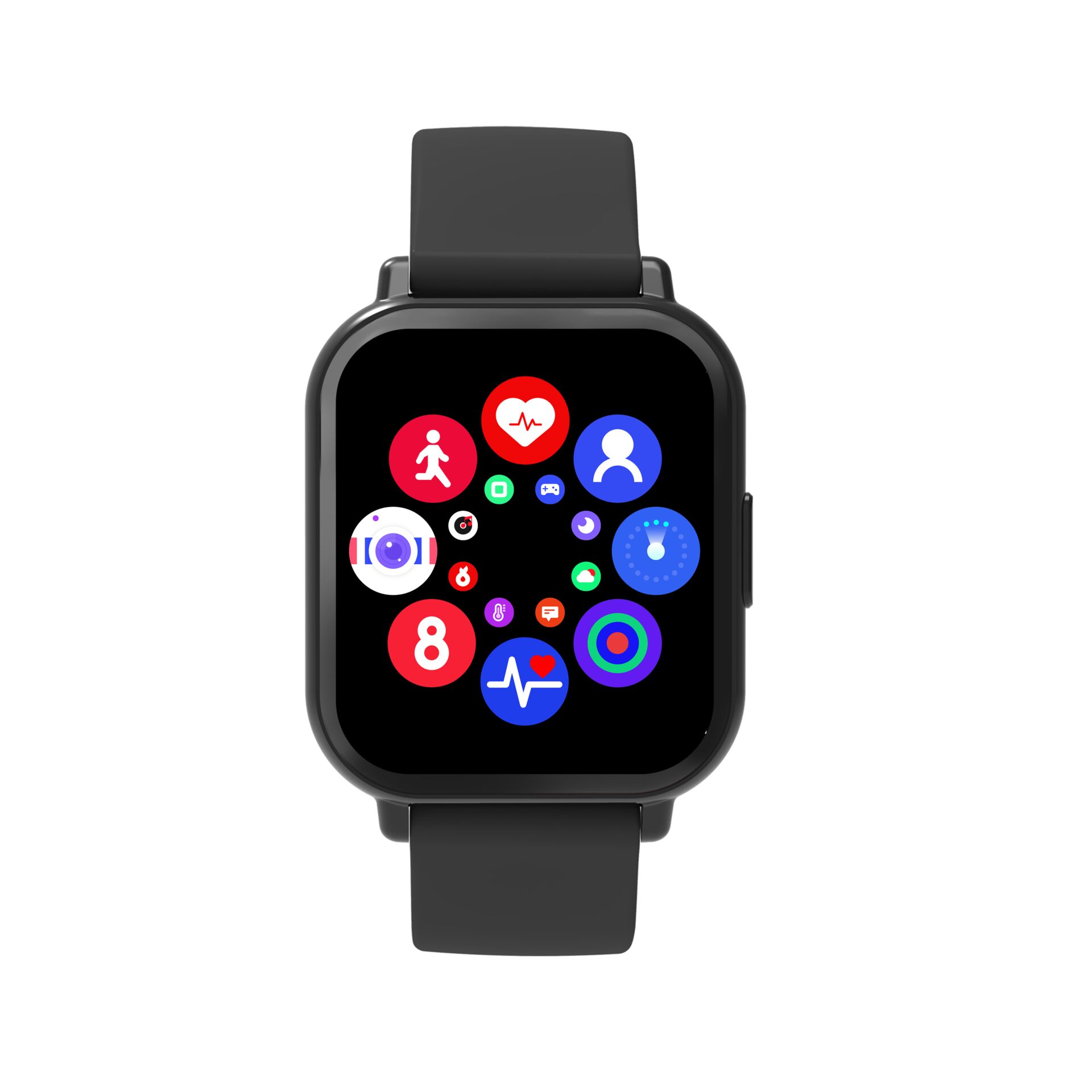 Smartwatch, digitales Display, Silikonarmband, schwarz, abgerundetes Quadrat