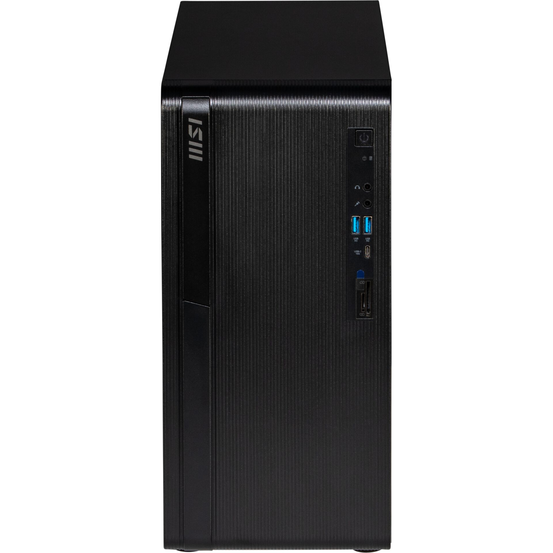 Desktop-PC, schwarzes Gehäuse, gerippte Oberfläche, USB-Anschlüsse, MSI