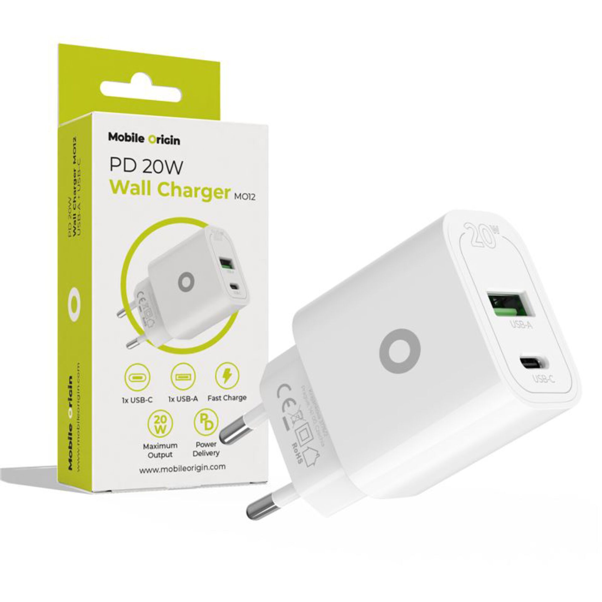 Mobile Origin PD20W Wall Charger  MO12 white 1x USB-A + 1x USB-C