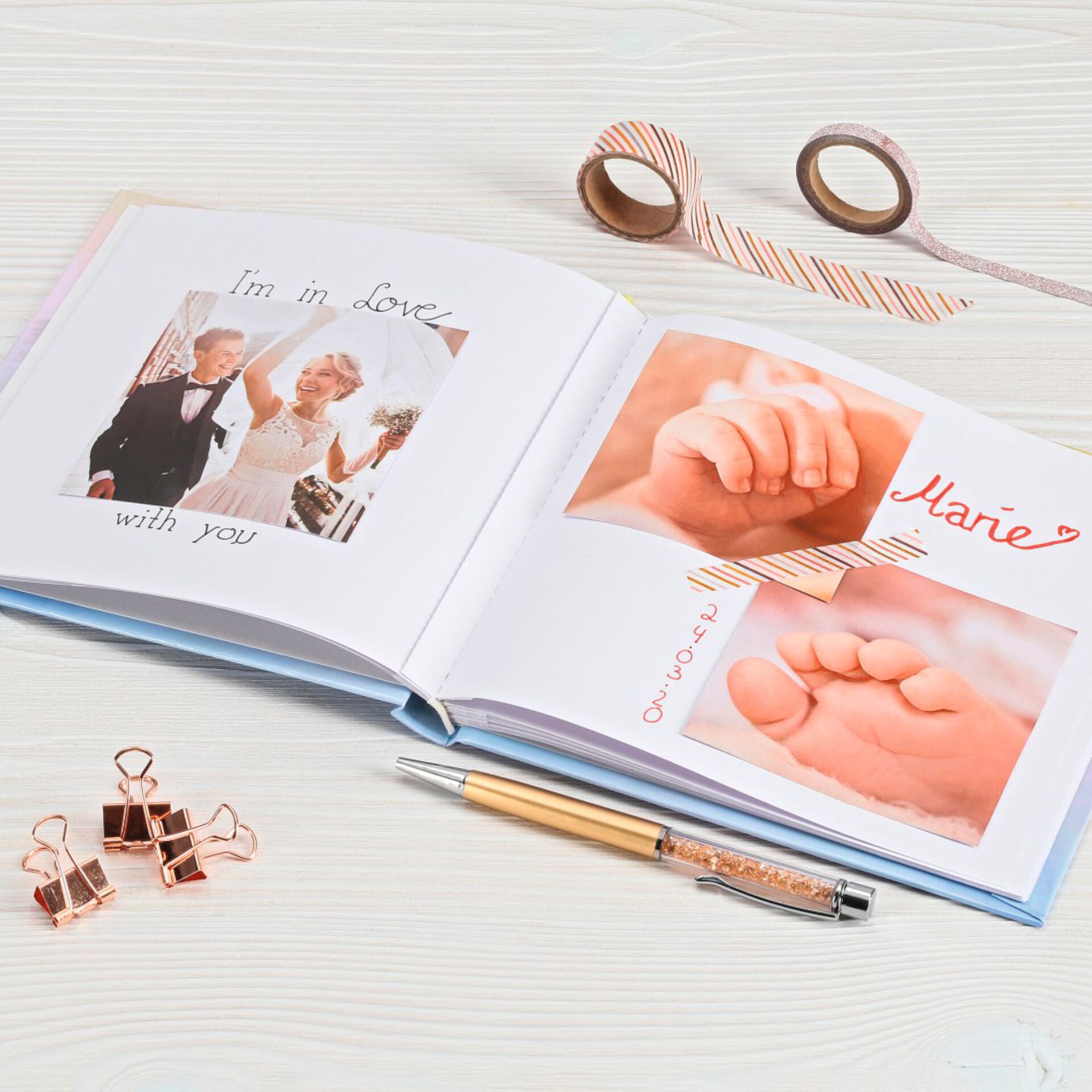 hochzeitsalbum, fotobuch, babyfotos, roségold, pinz-clip